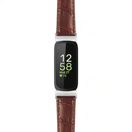 Front. StrapsCo - Crocodile Strap Leather Watch Band For Fitbit Inspire 3 - Brown (Silver Hardware).