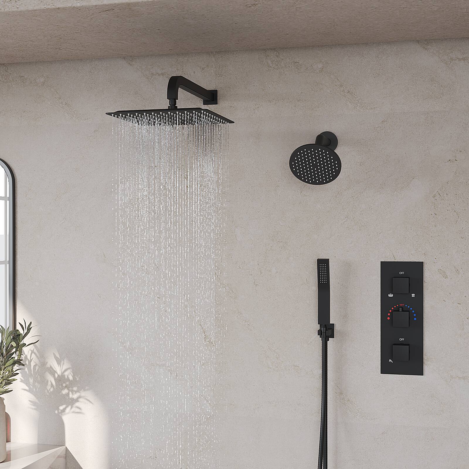 Alt View 7. GRANDJOY - Thermostatic Dual Shower Faucet Kit with 10" Overhead Rain Shower and 59" Stainless Hose Handheld Shower Head - Matte Black.