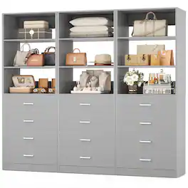 Aheaplus - 5.3FT Wood Closet Organizer System with 12 Wood Drawers and 6 Shelves, 3 Packs - Gray