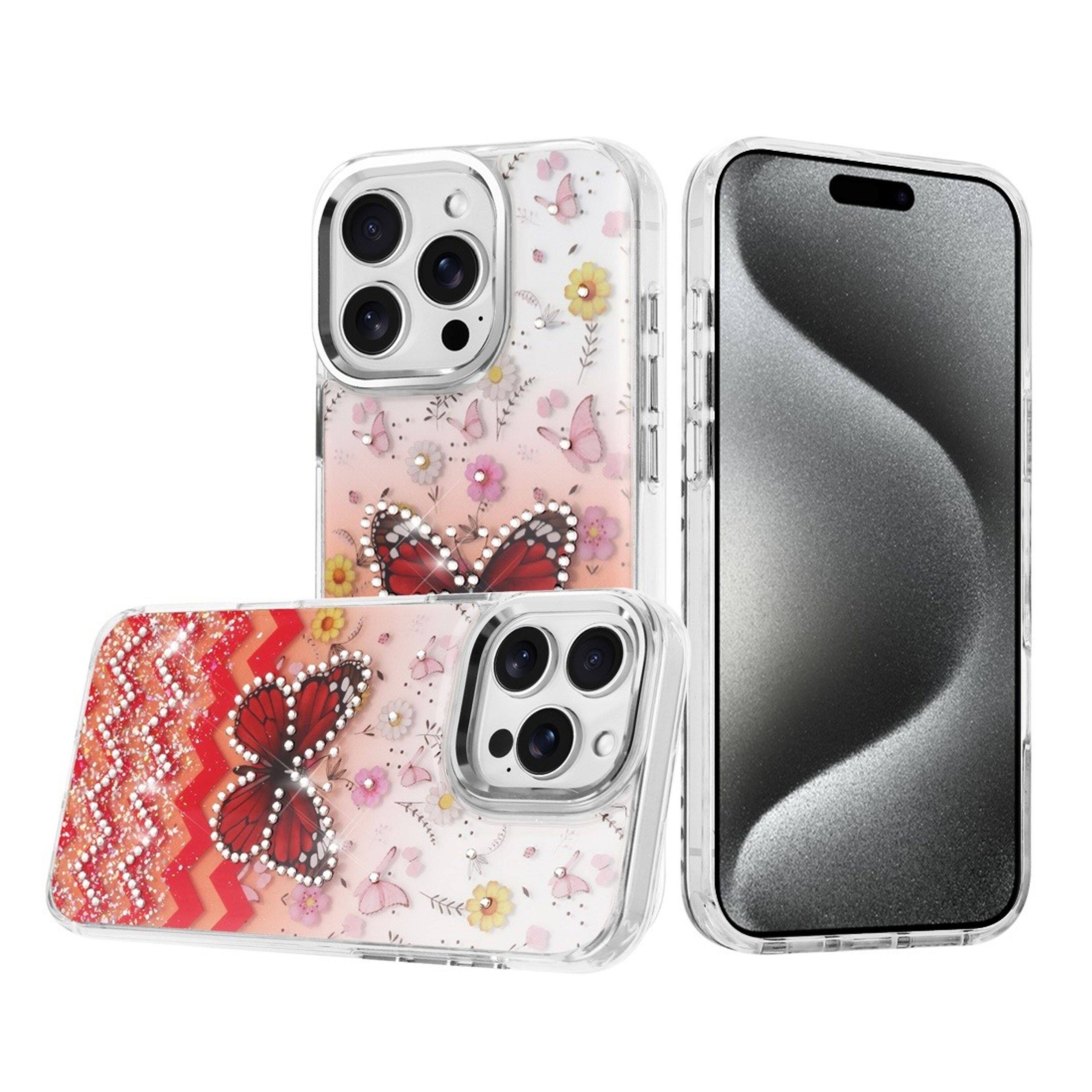 Angle. Kitcheniva - Colorful Epoxy Design Plastic Jewel Phone Case With 2 Pcs Tempered Glass For iPhone 15 Pro Max Floral Butterfly - Multicolor.