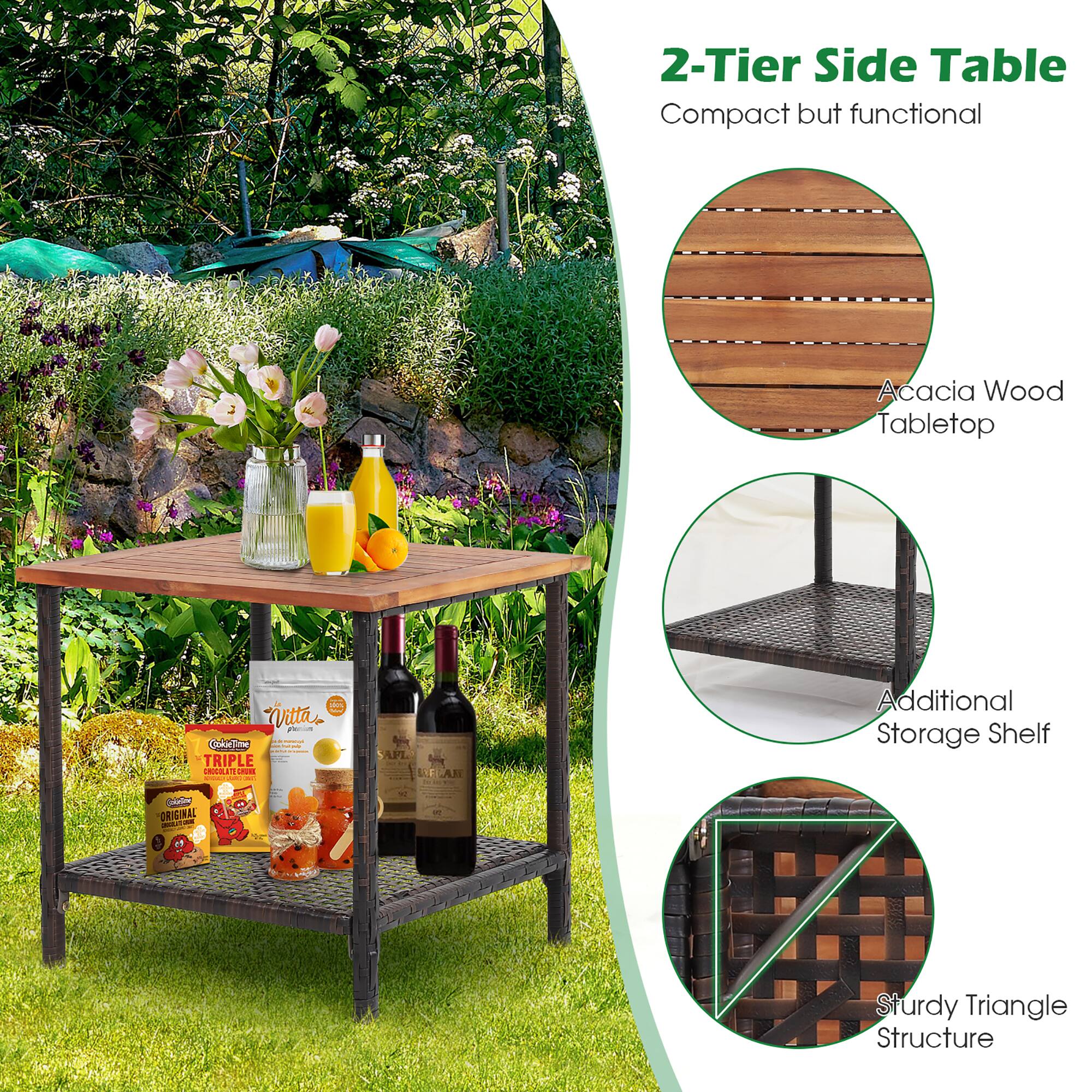 2-Tier Side Table Compact but functional Acacia Wood Tabletop Additional Storage Shelf Sturdy Triangle Structure