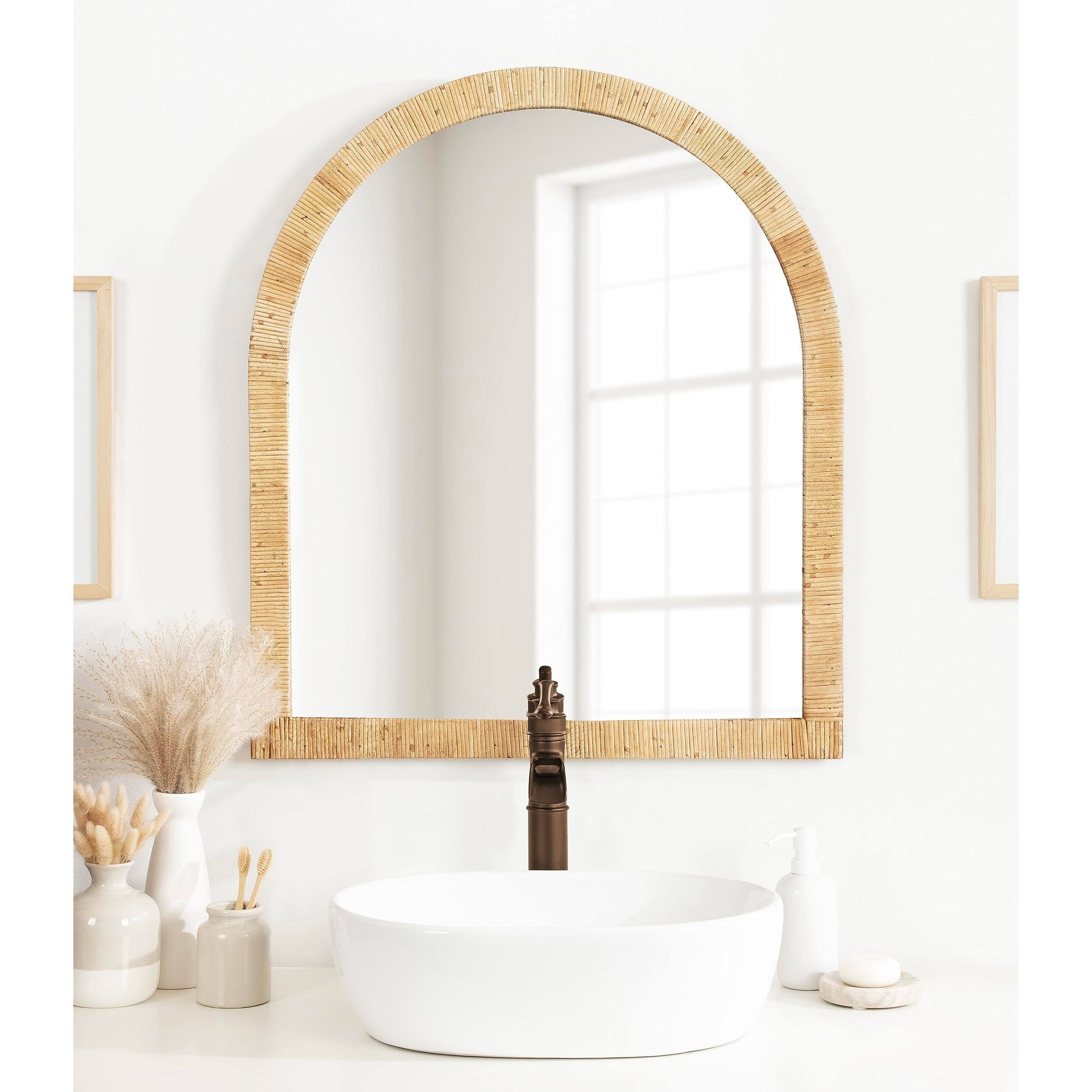 Back. Cedar Assembly - Rahfy Boho Arch Rattan Wall Mirror 28 X 32 Wood Decorative Wooden With Authentic Frame For Bathroom Vanity - Brown-30"L x 20"W.
