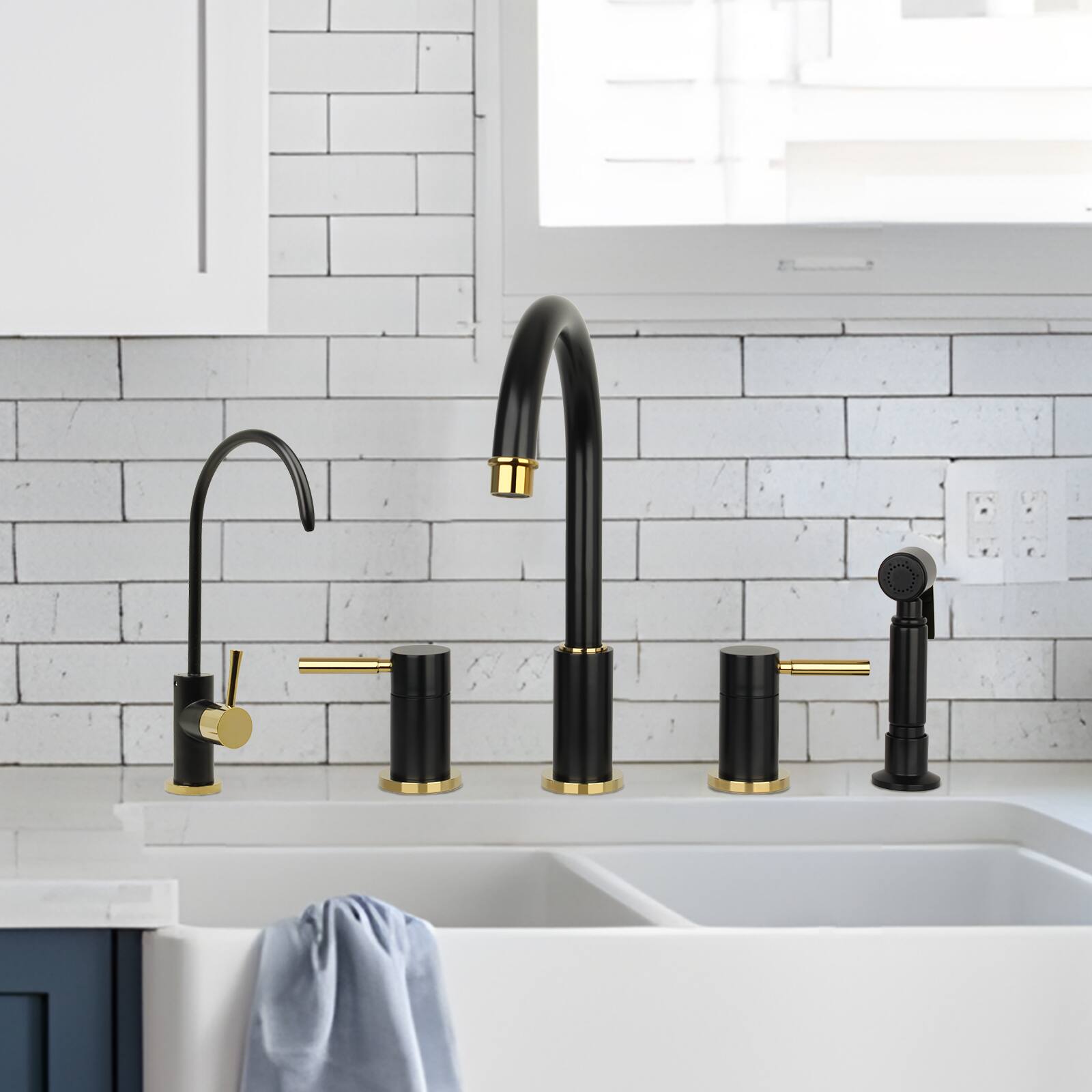 Alt View 3. Akicon - Akicon Solid Brass Double-Handle 360° Swivel Widespread Kitchen Faucet with Side Sprayer in Matte Black & Gold - Matte Black & Gold.