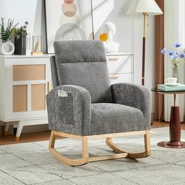 Babevy - Rocking Nursery Chair, Upholstered Armchair with High Backrest, Wood Base & Side Pocket for Mom - Gray Linen