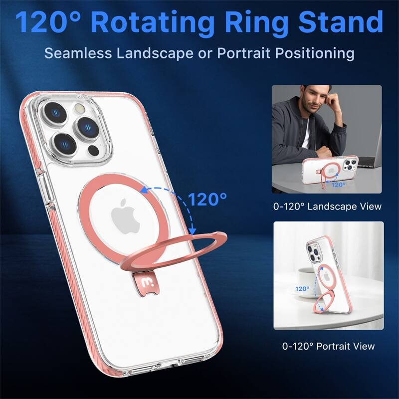 120° Rotating Ring Stand, Seamless Landscape or Portrait Positioning, 0-120° Landscape View, 0-120° Portrait View