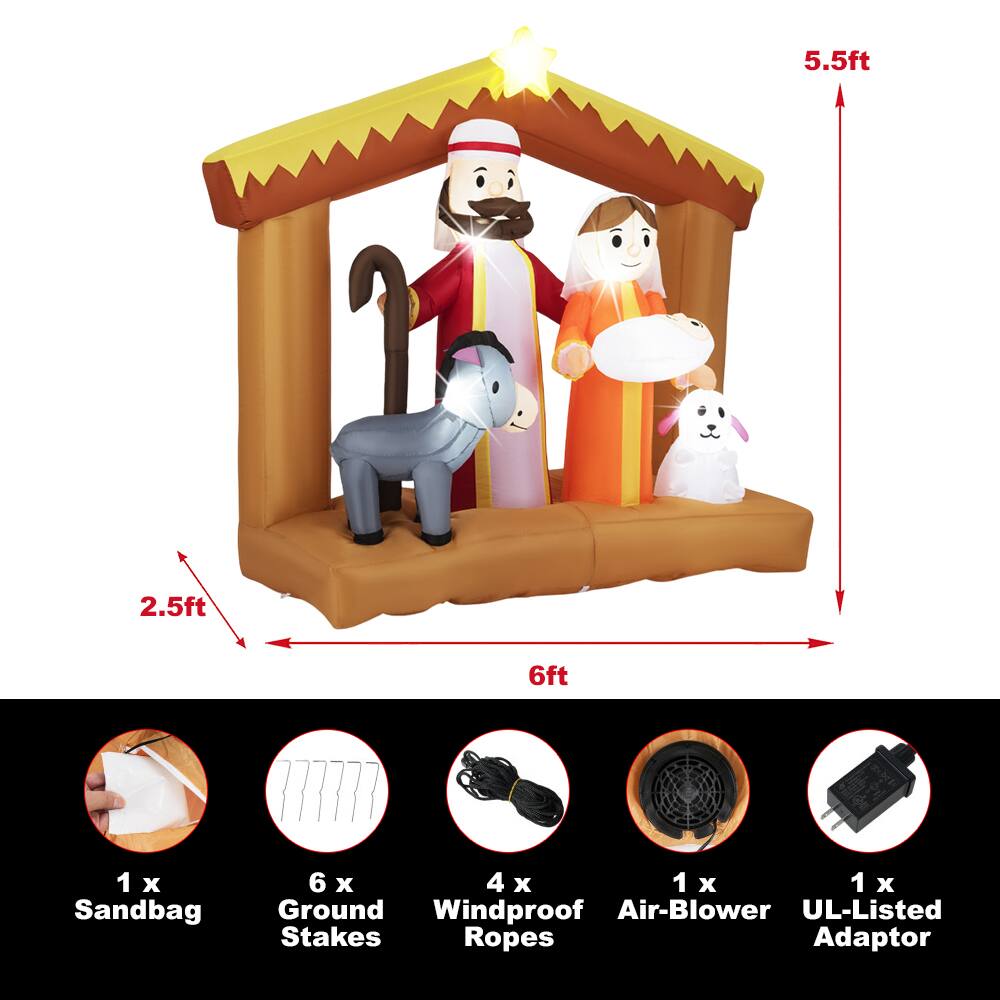 5.5ft  
2.5ft  
6ft  

1 x Sandbag  
6 x Ground Stakes  
4 x Windproof Ropes  
1 x Air-Blower  
1 x UL-Listed Adaptor