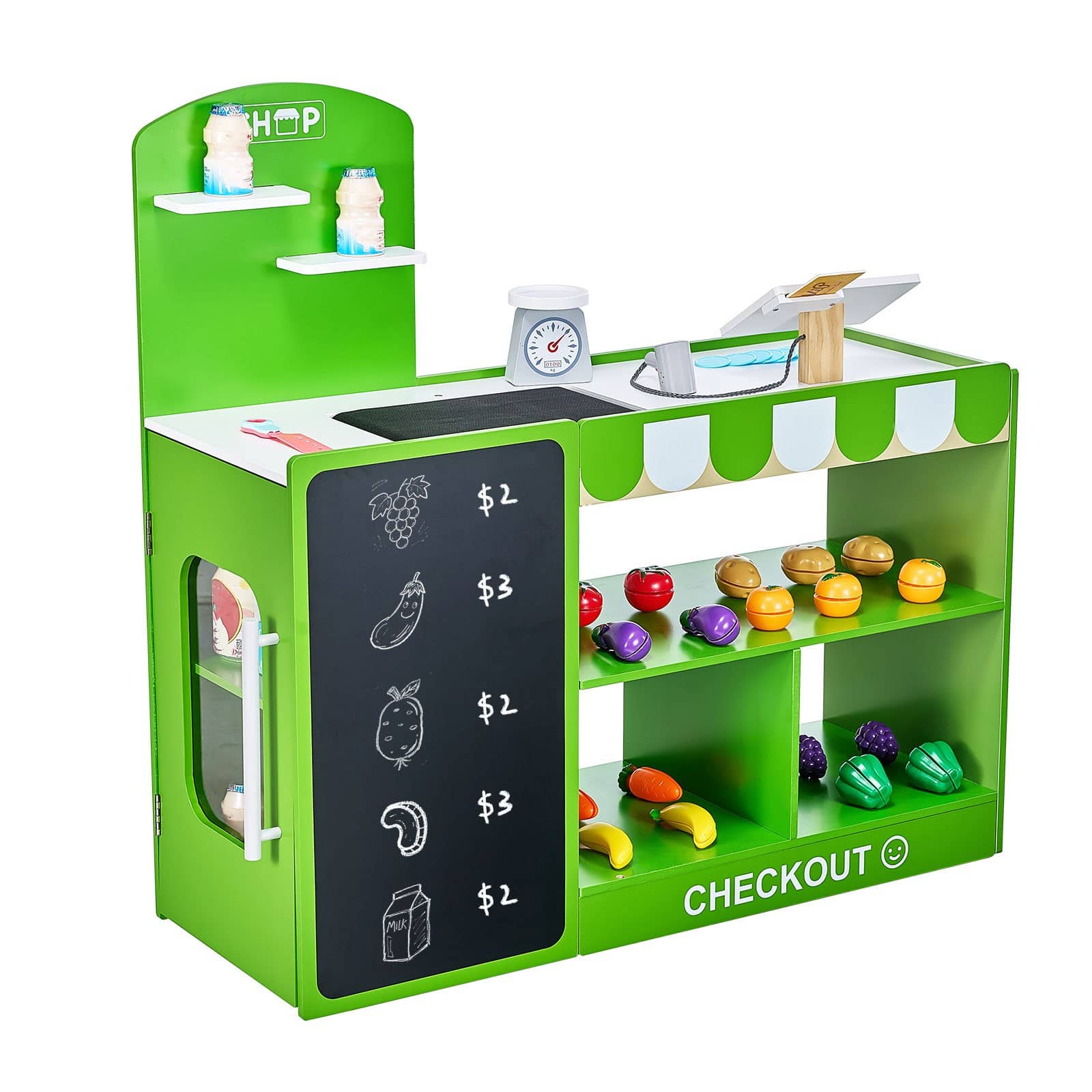 Glintex - Wooden Grocery Store Playset for Kids, Pretend Supermarket with Conveyor Belt, Scanner, Cash Register & Shopping Bag
