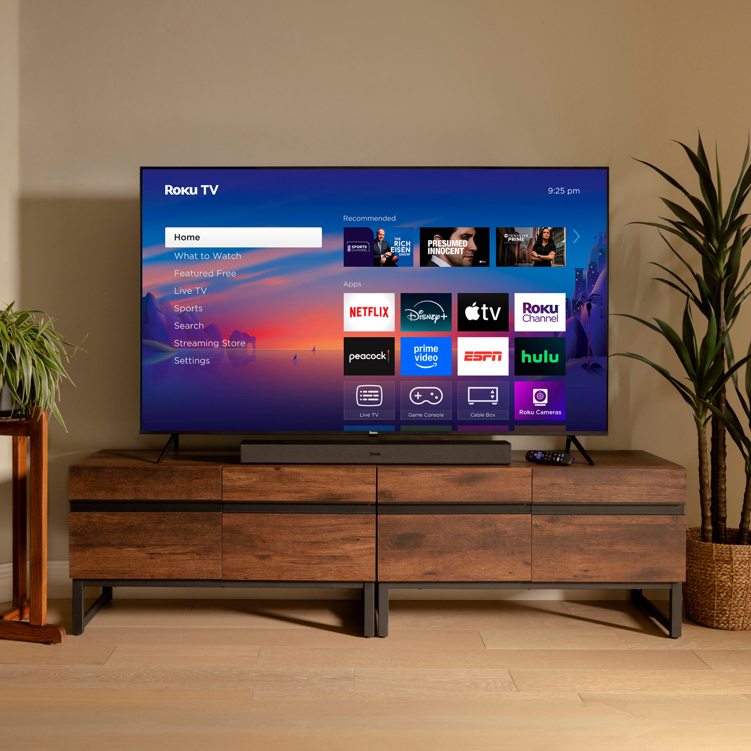 Roku TV 9:25 pm Recommended Home What to Watch: Rich Ben - Presumed Innocent. A Featured Free Live TV, Sports, Search, Apps, Netflix, Disney+, tv Roku Channel Streaming Store Settings.