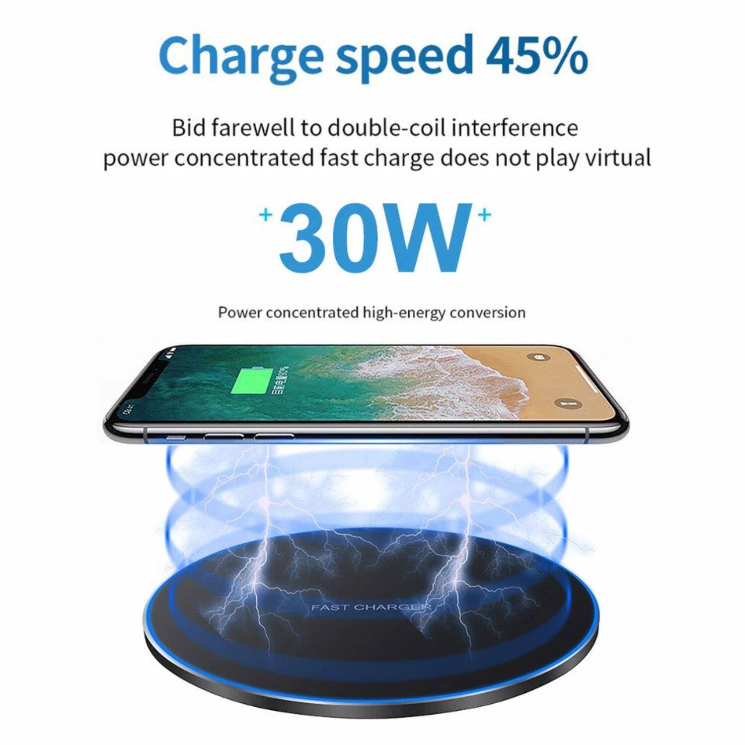 Charge speed 45%  
Bid farewell to double-coil interference  
power concentrated fast charge does not play virtual  

+30W+  
Power concentrated high-energy conversion