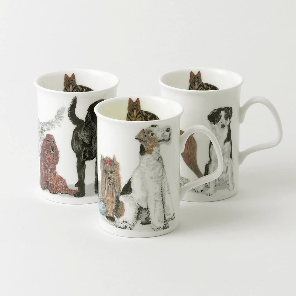 Angle. Jiallo - Roy Kirkham Lancaster Mug - Dogs Galore Set of 6, Bone China Ceramic Made in England - Mutli color.