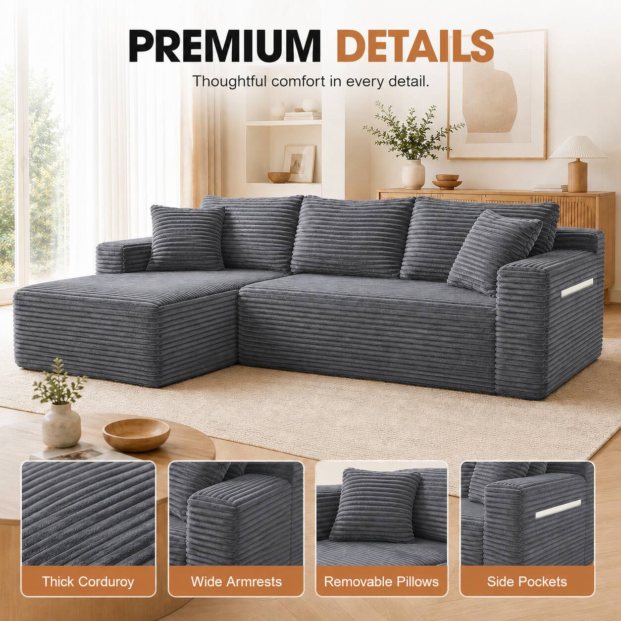 PREMIUM DETAILS  
Thoughtful comfort in every detail.  
Thick Corduroy  
Wide Armrests  
Removable Pillows  
Side Pockets