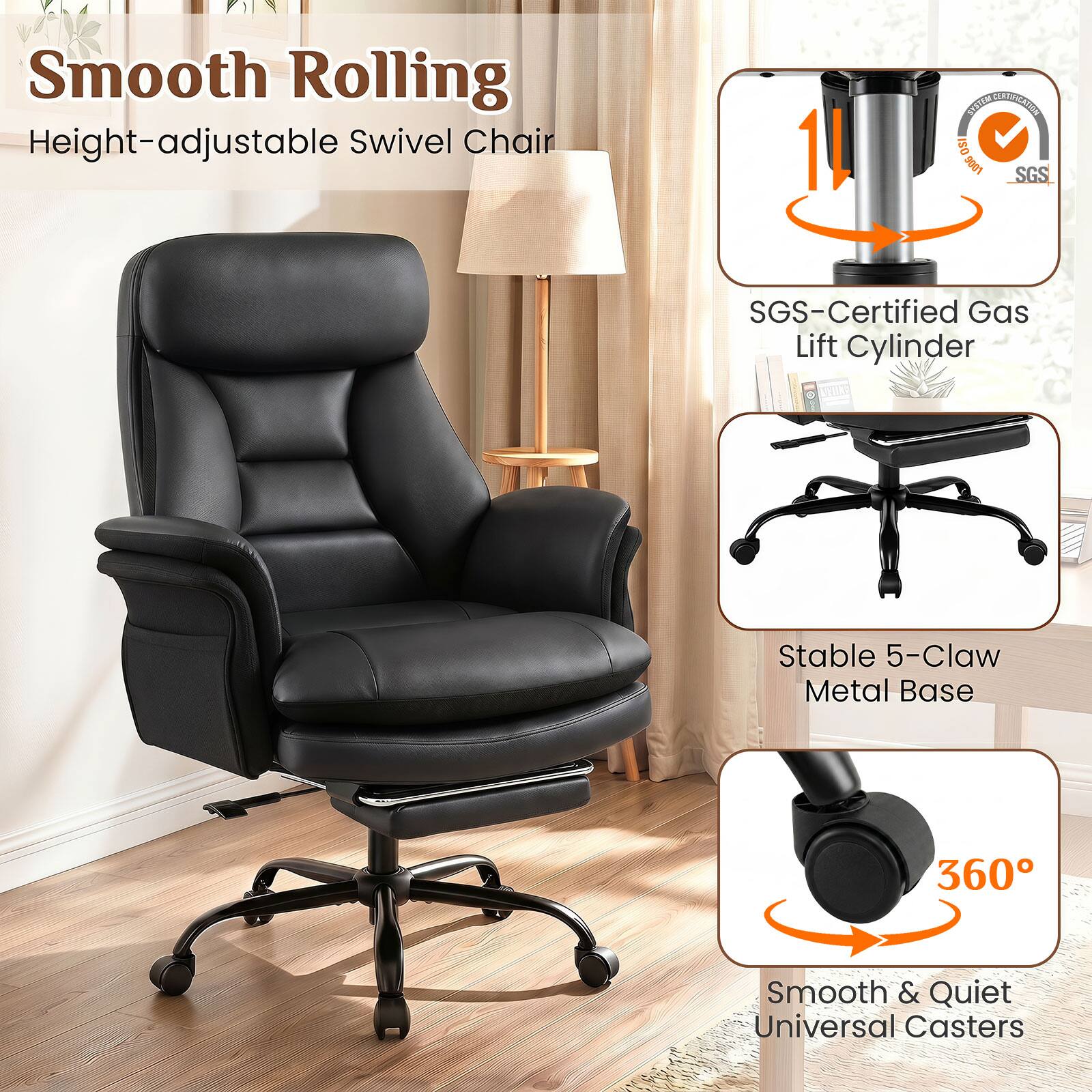 Smooth Rolling Height-adjustable Swivel Chair

BYSTEM CERTIFICATION ISO 9001 SGS

SGS-Certified Gas Lift Cylinder

Stable 5-Claw Metal Base

360°

Smooth & Quiet Universal Casters
