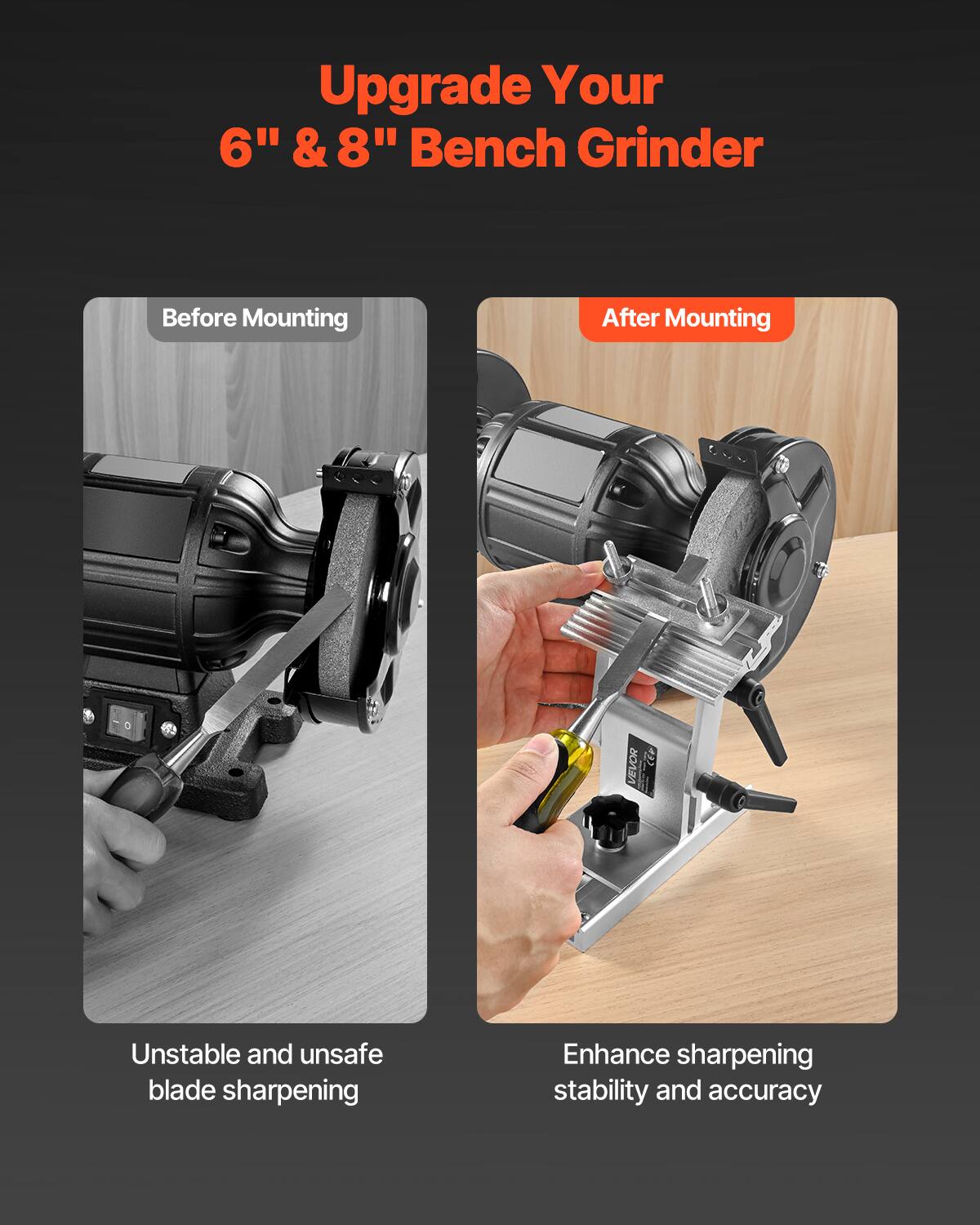 Upgrade Your 6" & 8" Bench Grinder

Before Mounting
Unstable and unsafe blade sharpening

After Mounting
Enhance sharpening stability and accuracy