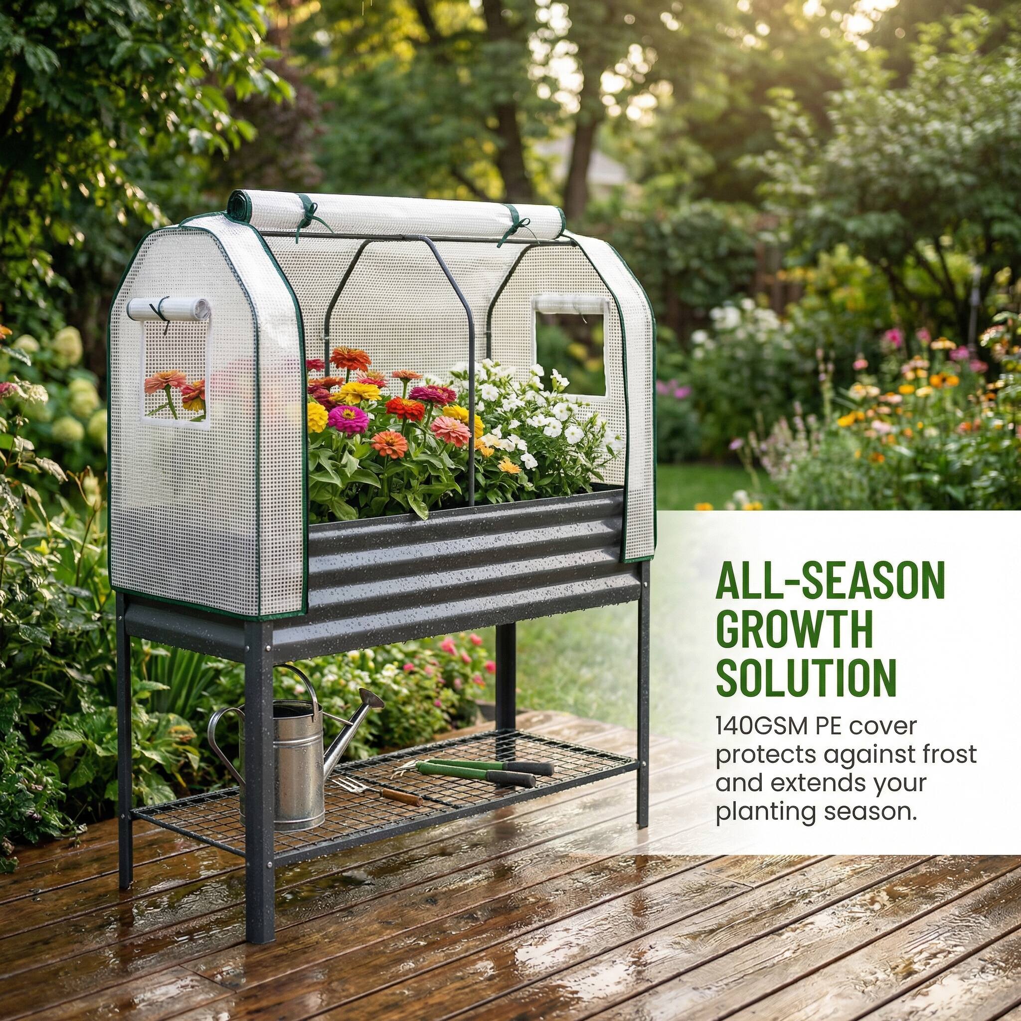 ALL-SEASON GROWTH SOLUTION  
140GSM PE cover protects against frost and extends your planting season.