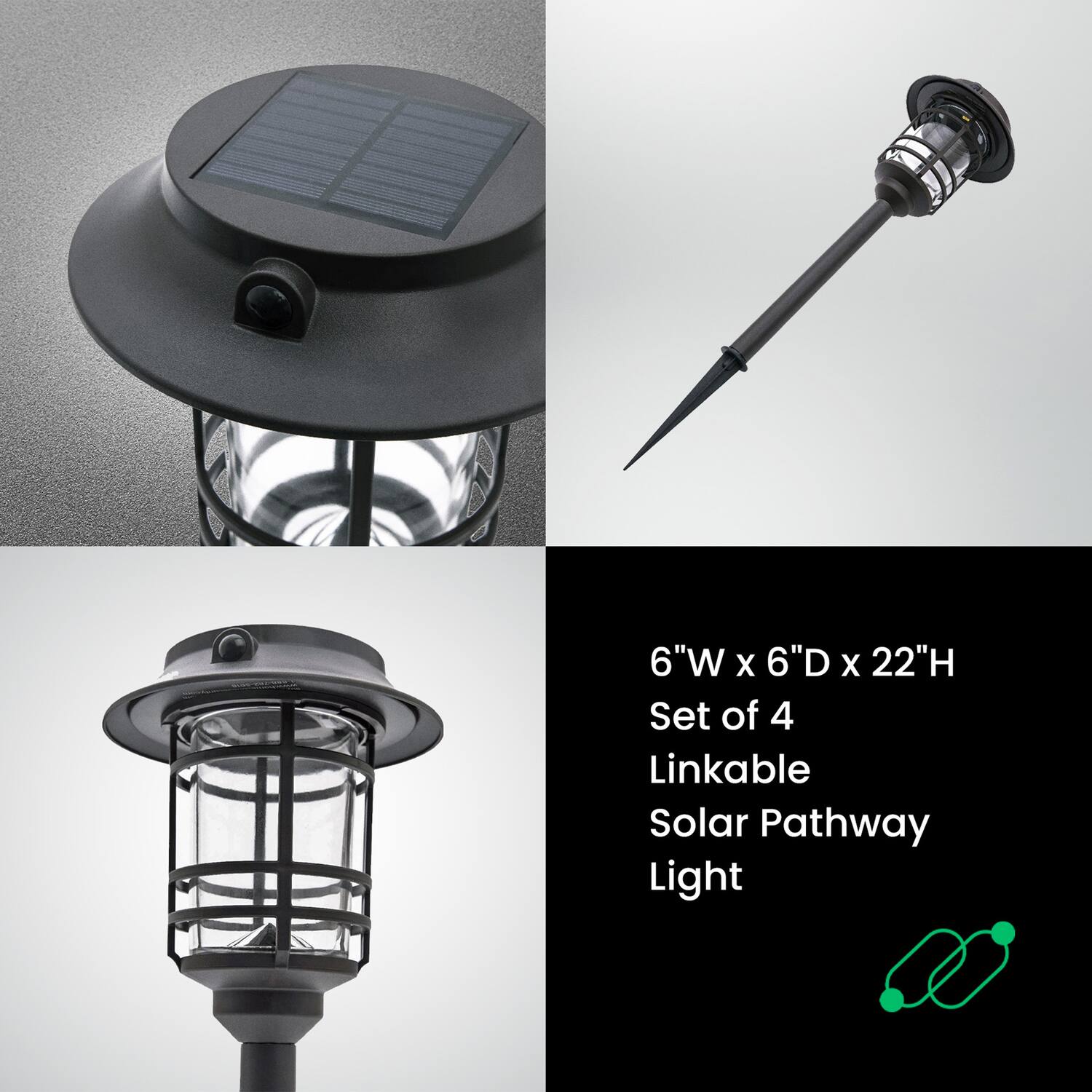 6"W x 6"D x 22"H  
Set of 4  
Linkable Solar Pathway Light