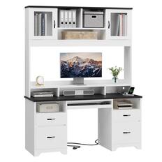Front. Bestier - 59-inch Computer Desk with Hutch, Charging Station, Fluted Storage Cabinet and Keyboard Tray - White.