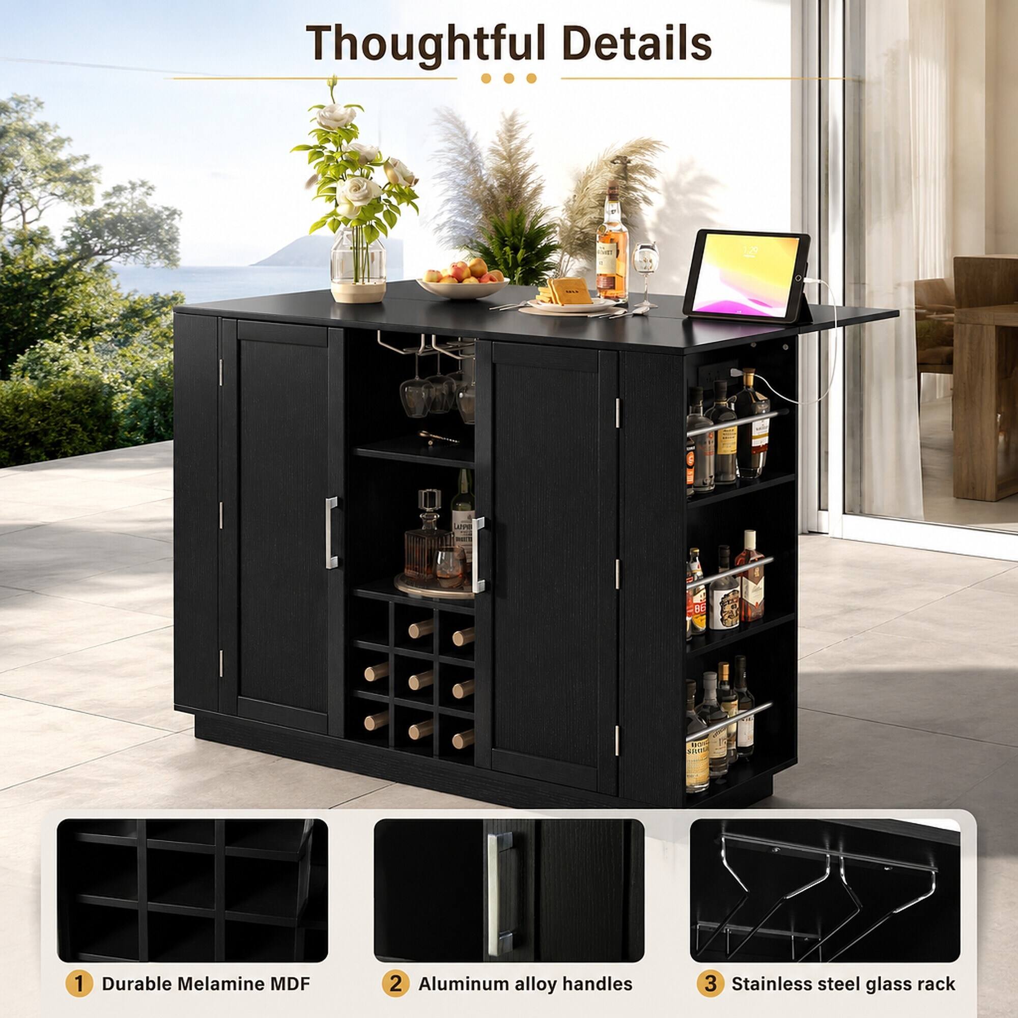 Thoughtful Details

1. Durable Melamine MDF
2. Aluminum alloy handles
3. Stainless steel glass rack