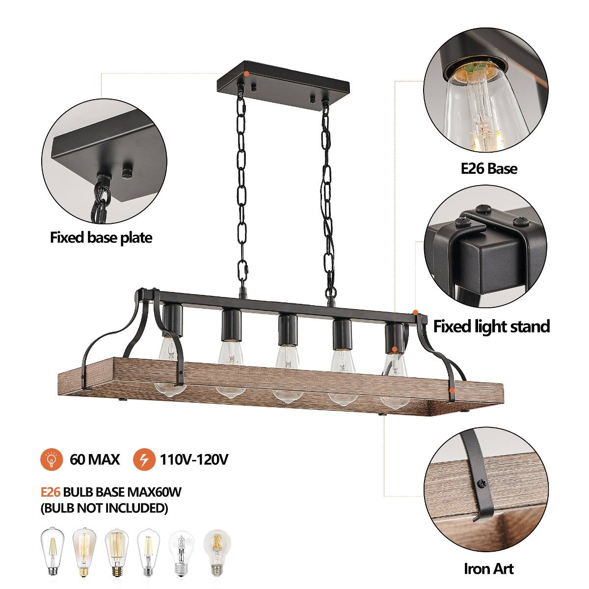 E26 Base  
Fixed base plate  
Fixed light stand  
60 MAX  
110V-120V  
E26 BULB BASE MAX60W (BULB NOT INCLUDED)  
Iron Art