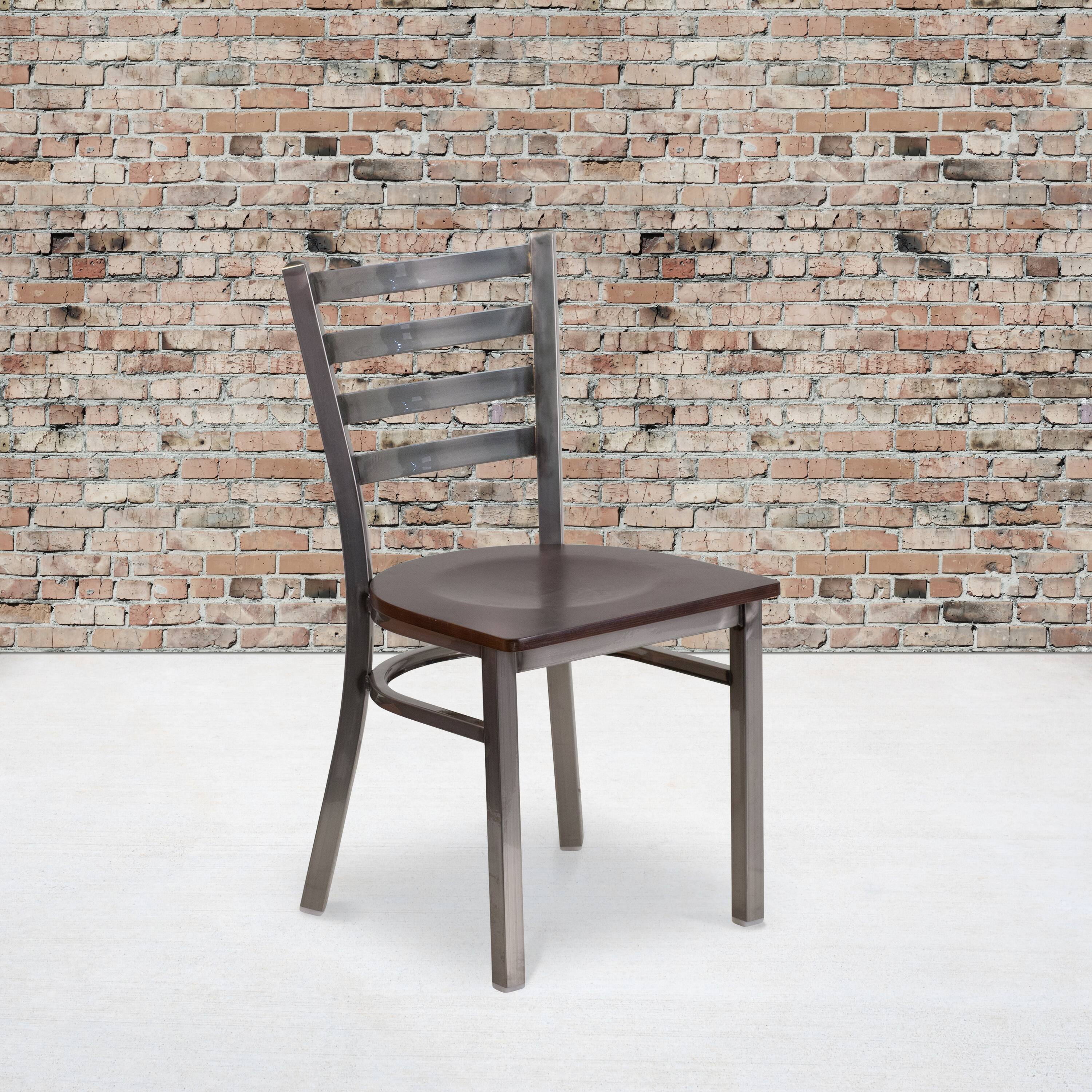 Alt View 2. Emma + Oliver - 2 Pack Clear Coated Ladder Back Metal Restaurant Chair - Walnut Wood Seat/Clear Coated Metal Frame.