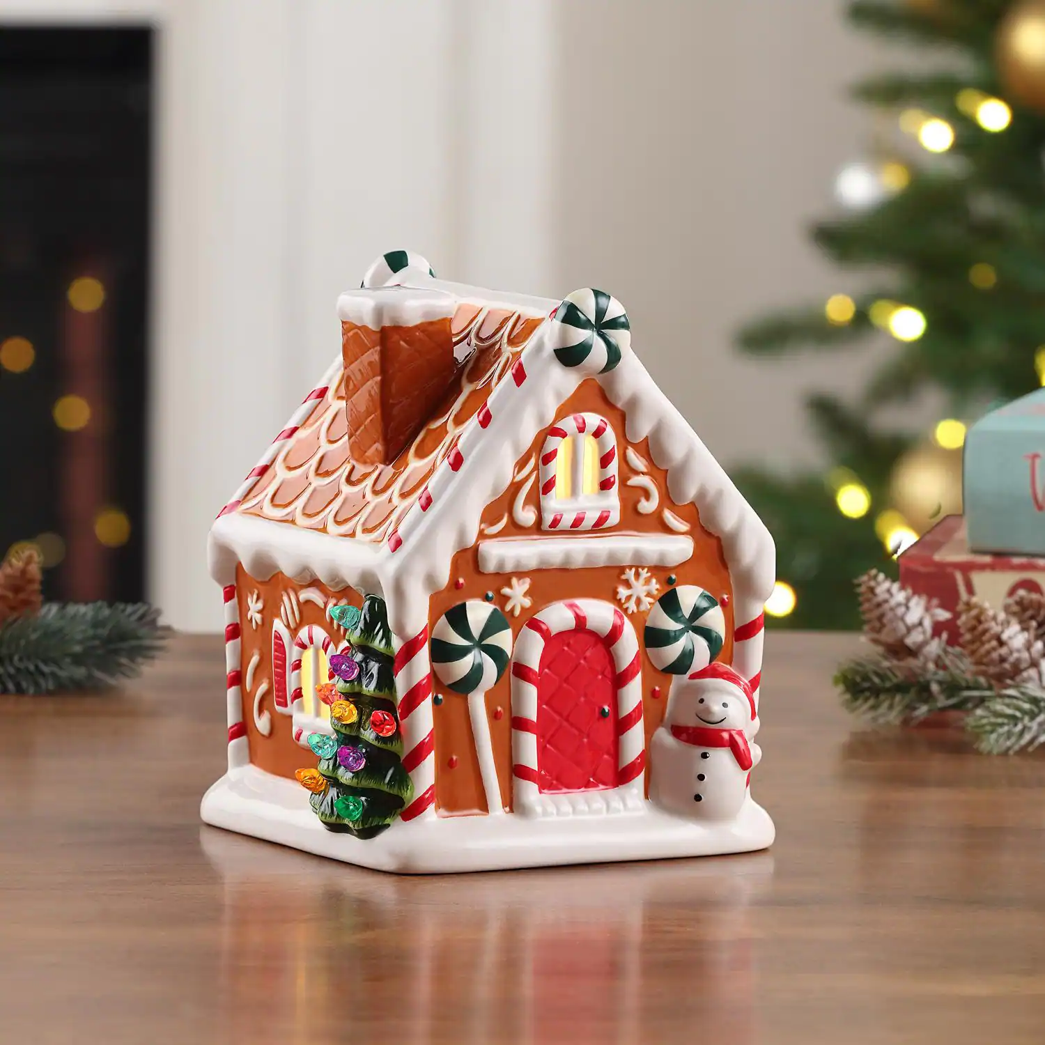 Left. Mr. Christmas - Mr. Christmas LED Brown Ceramic Gingerbread House Christmas Village 7 in. (Case of 4) - Brown|Multicolored.