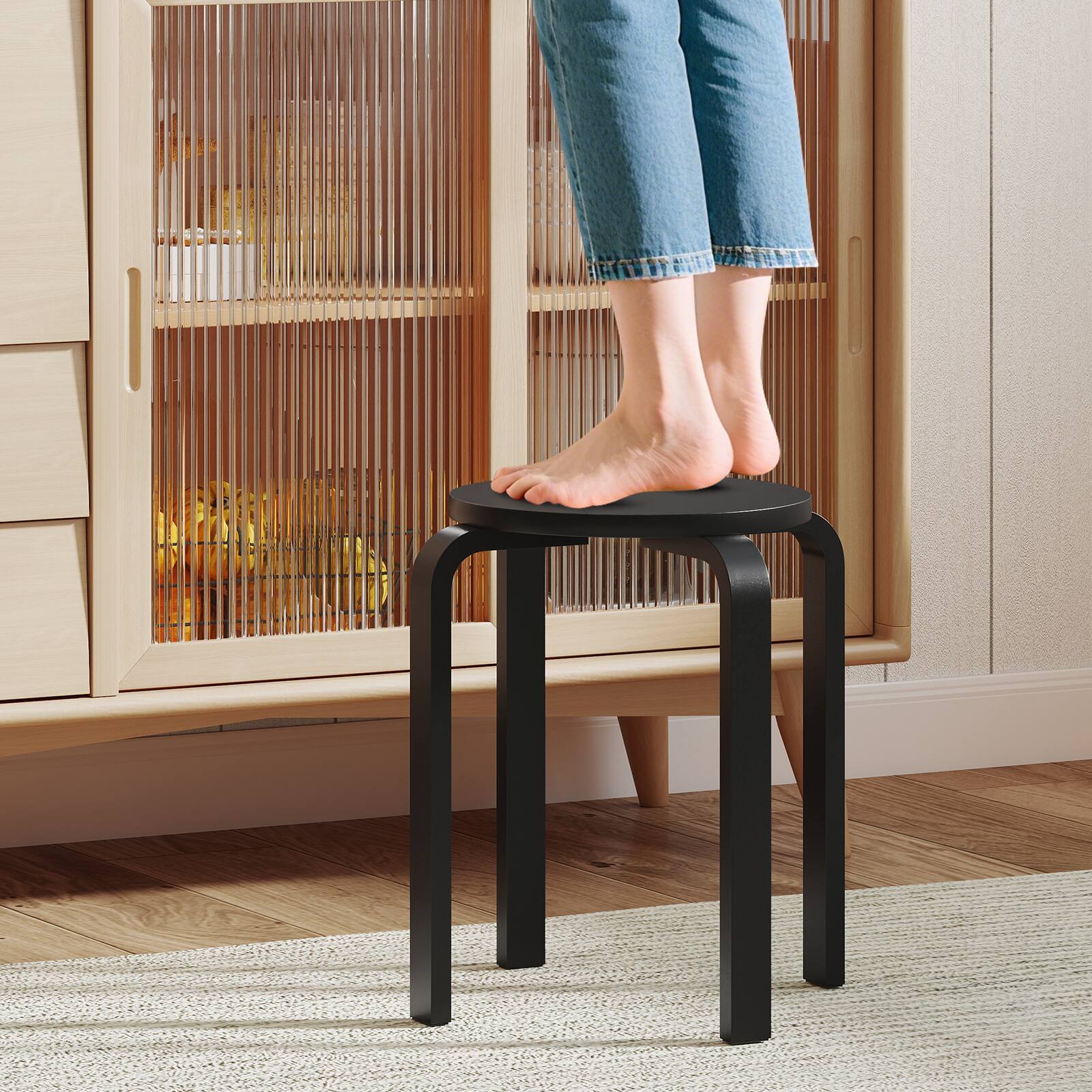 Alt View 4. Gymax - Gymax Set of 4 18'' Stacking Stool Round Dining Chair Backless Wood Home Decor Black - Black.