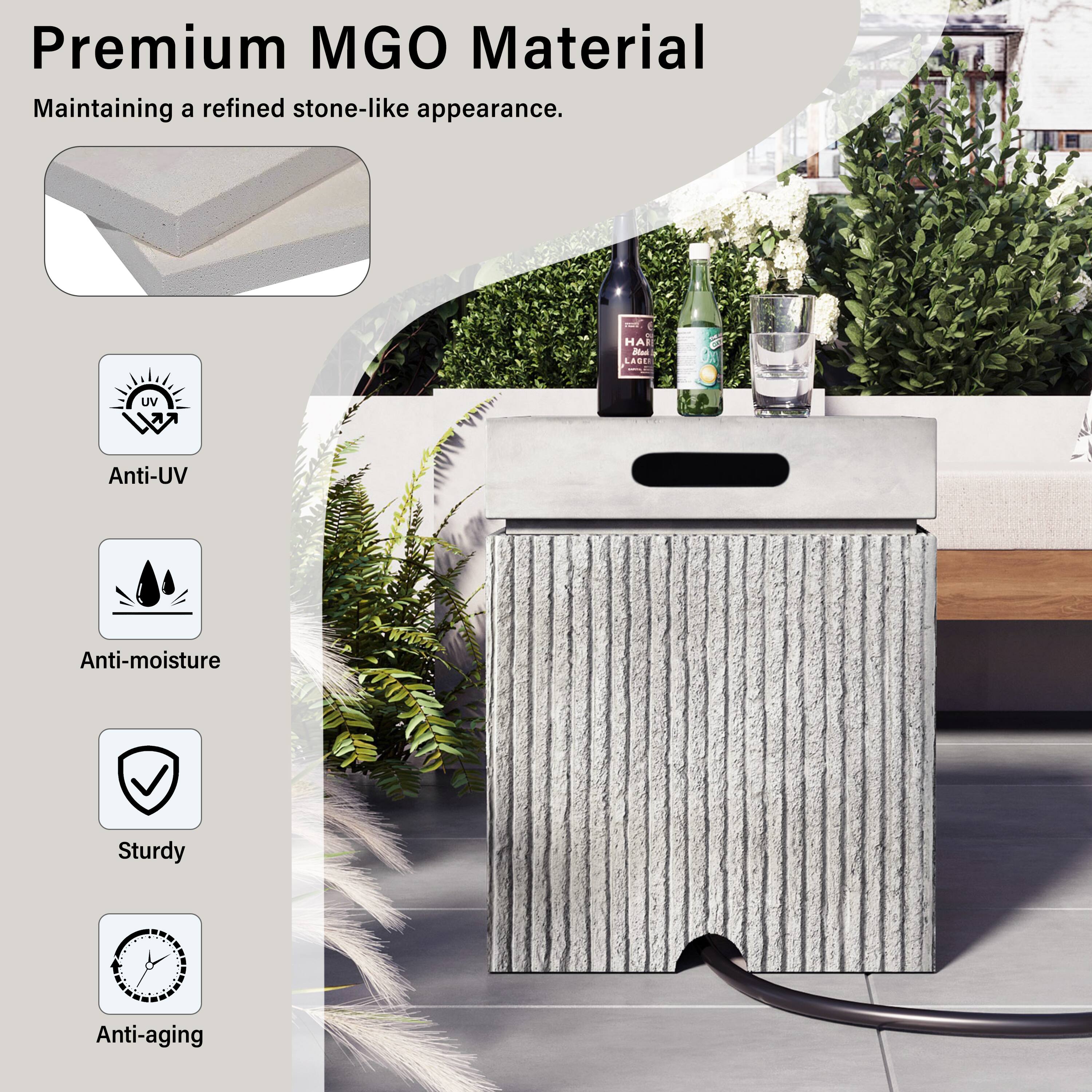 Premium MGO Material  
Maintaining a refined stone-like appearance.  

- Anti-UV  
- Anti-moisture  
- Sturdy  
- Anti-aging