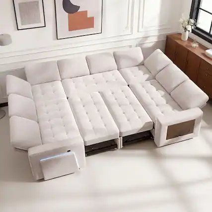 Front. Dyonery - Dyonery 8-Seat Modular Sectional Sleeper Sofa with Pull-Out Bed, Reclining Backrest, USB Ports, Table, LED Lights ,White - Beige.