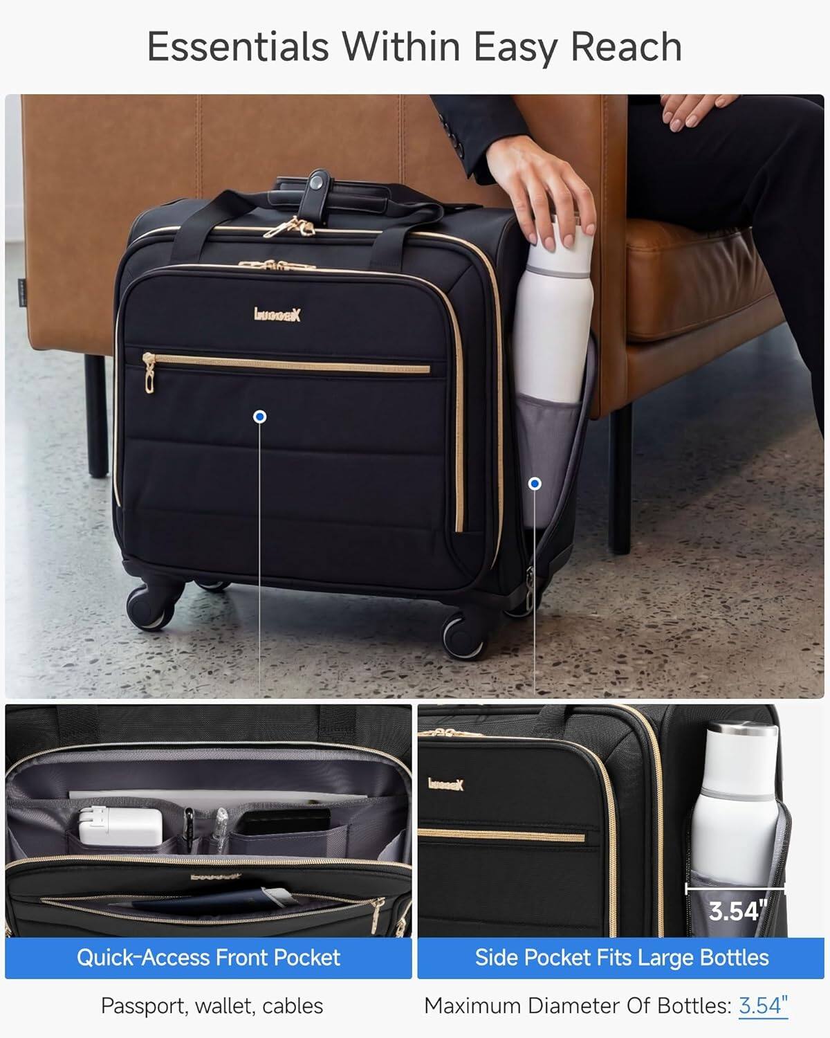 Essentials Within Easy Reach

Quick-Access Front Pocket
Passport, wallet, cables

Side Pocket Fits Large Bottles
Maximum Diameter Of Bottles: 3.54"