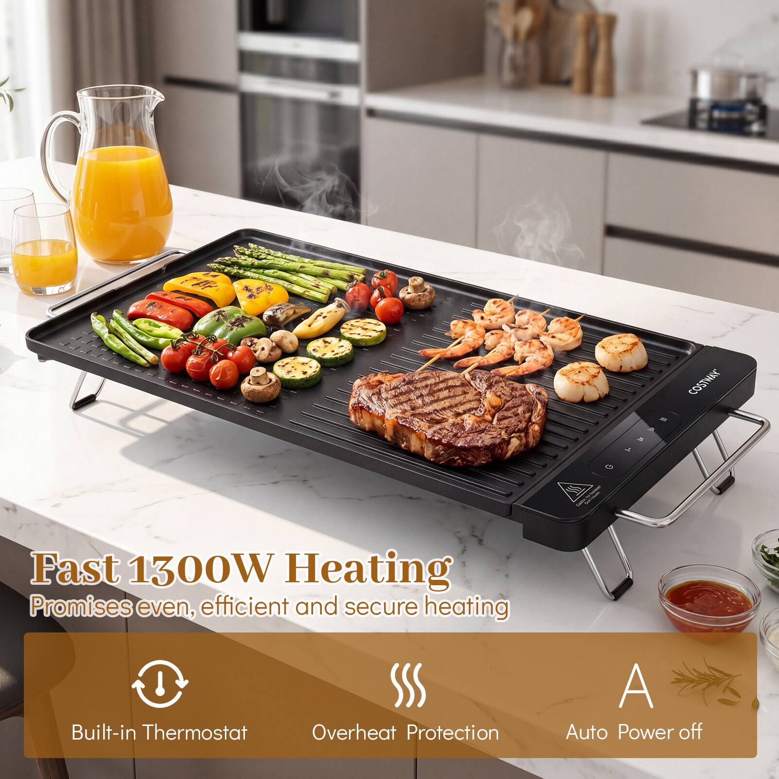 G - A > , COSTWAY Fast 1300W Heating Promises even, efficient and secure heating Built-in Thermostat SSS Overheat Protection A Auto Power off