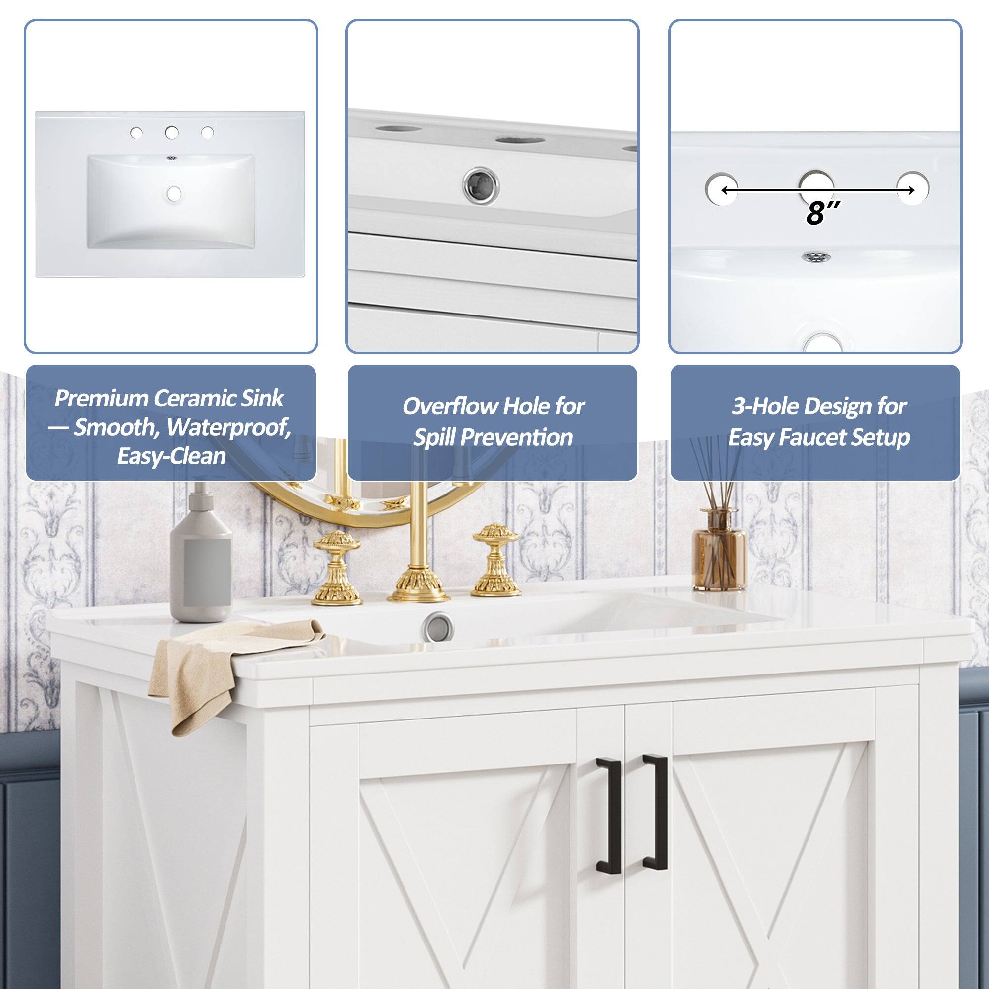 8" Premium Ceramic Sink  
- Smooth, Waterproof, Easy-Clean  
Overflow Hole for Spill Prevention  
3-Hole Design for Easy Faucet Setup