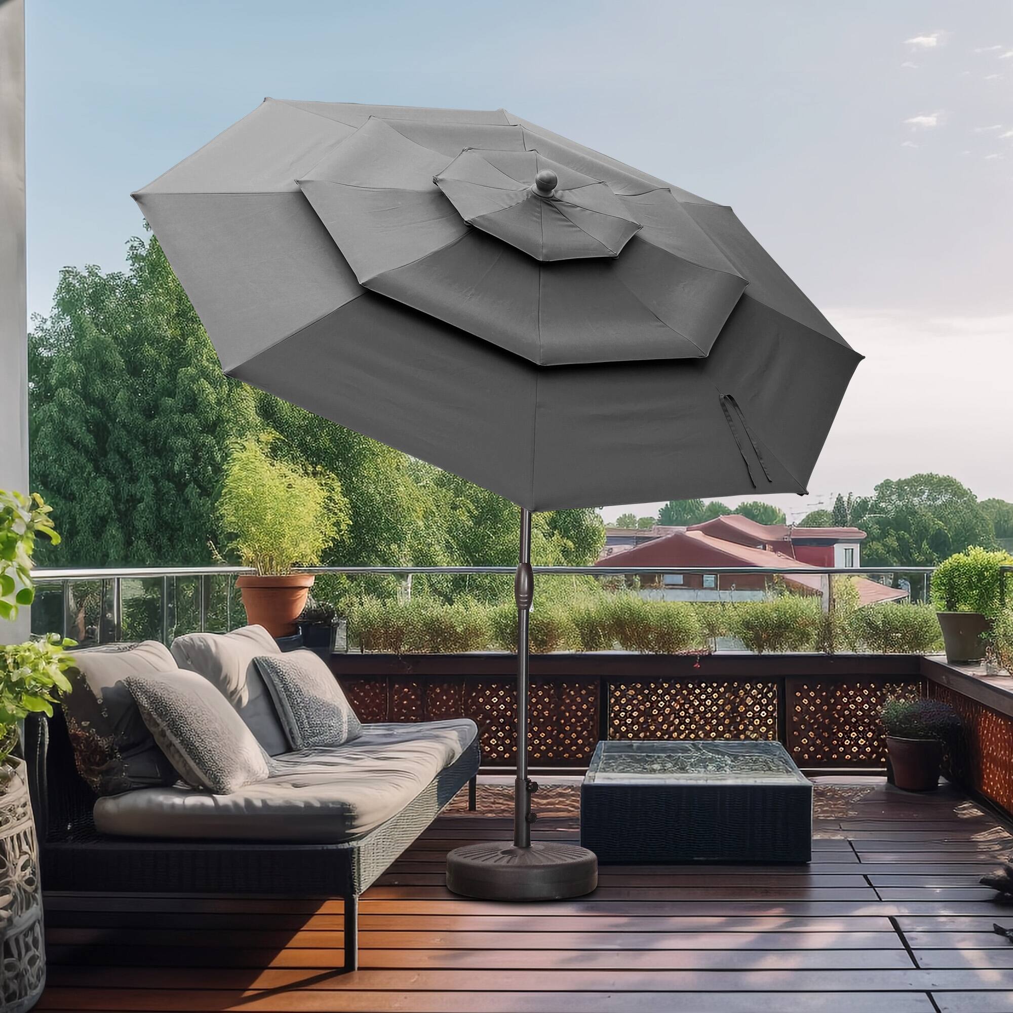 Back. Ainfox - Ainfox 10 FT Patio Umbrella 3 Tiers Outdoor Market Umbrella with Crank and Tilt for Garden Lawn Backyard Pool - Gray.