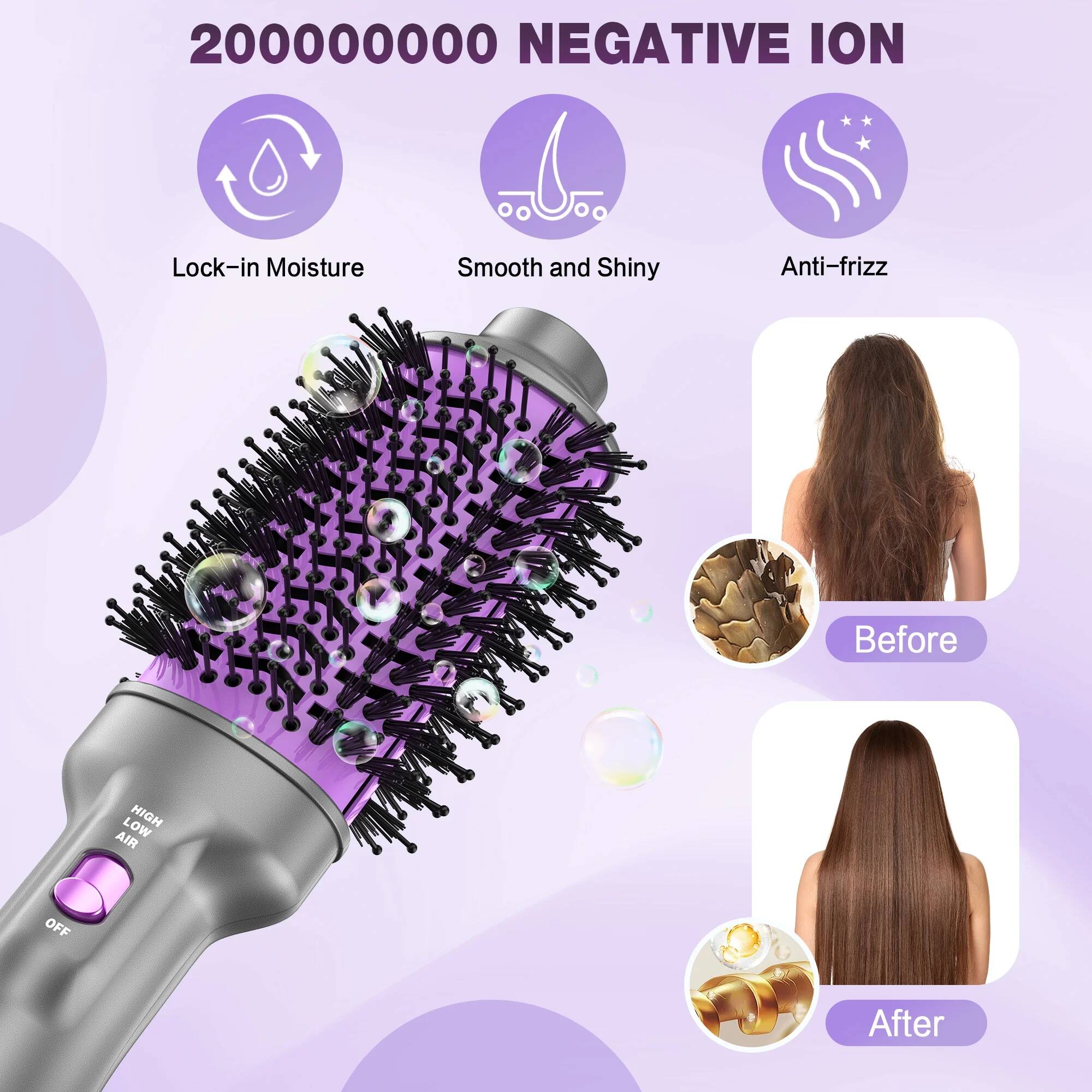 200000000 NEGATIVE ION

- Lock-in Moisture
- Smooth and Shiny
- Anti-frizz

Before

After

HIGH LOW AIR OFF
