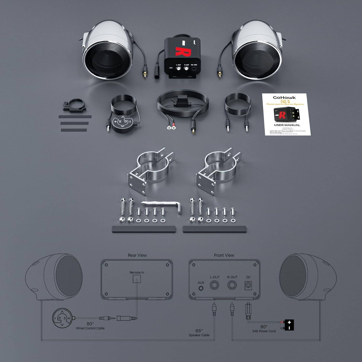 I R GoHawk - F.. R USE SANUIAL Mom 1im RO.. RO0O Rear View Front View Hemote n ALX L-OUT R-OUT DC 80" Wired Control Cable 65" Speaker Cable 80" SAE Power Cord