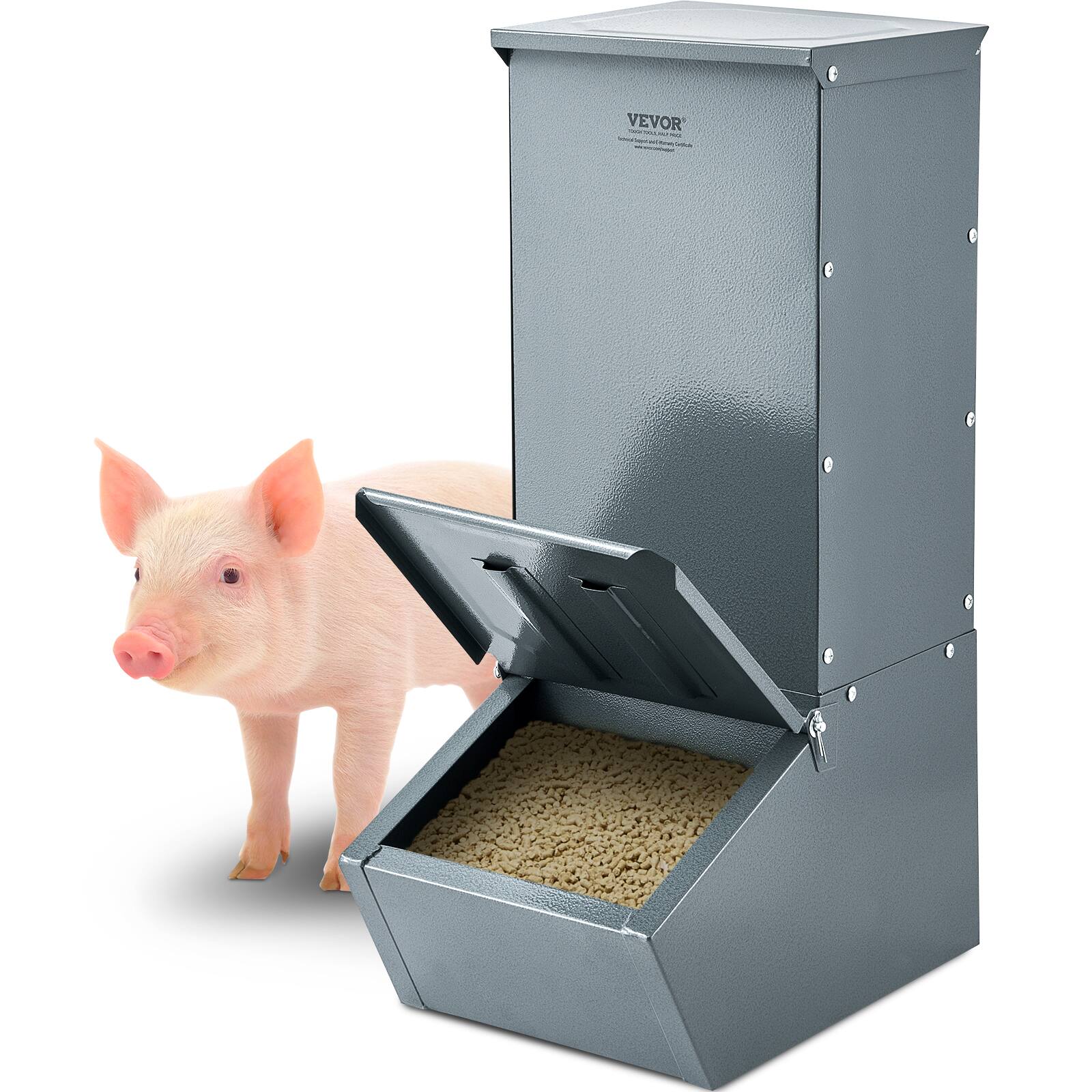 Front. VEVOR - Hog Feeder, 2.2 Bushel Capacity, Single Door Pig Feeder, Heavy Duty Steel Piglets Feeder - black.
