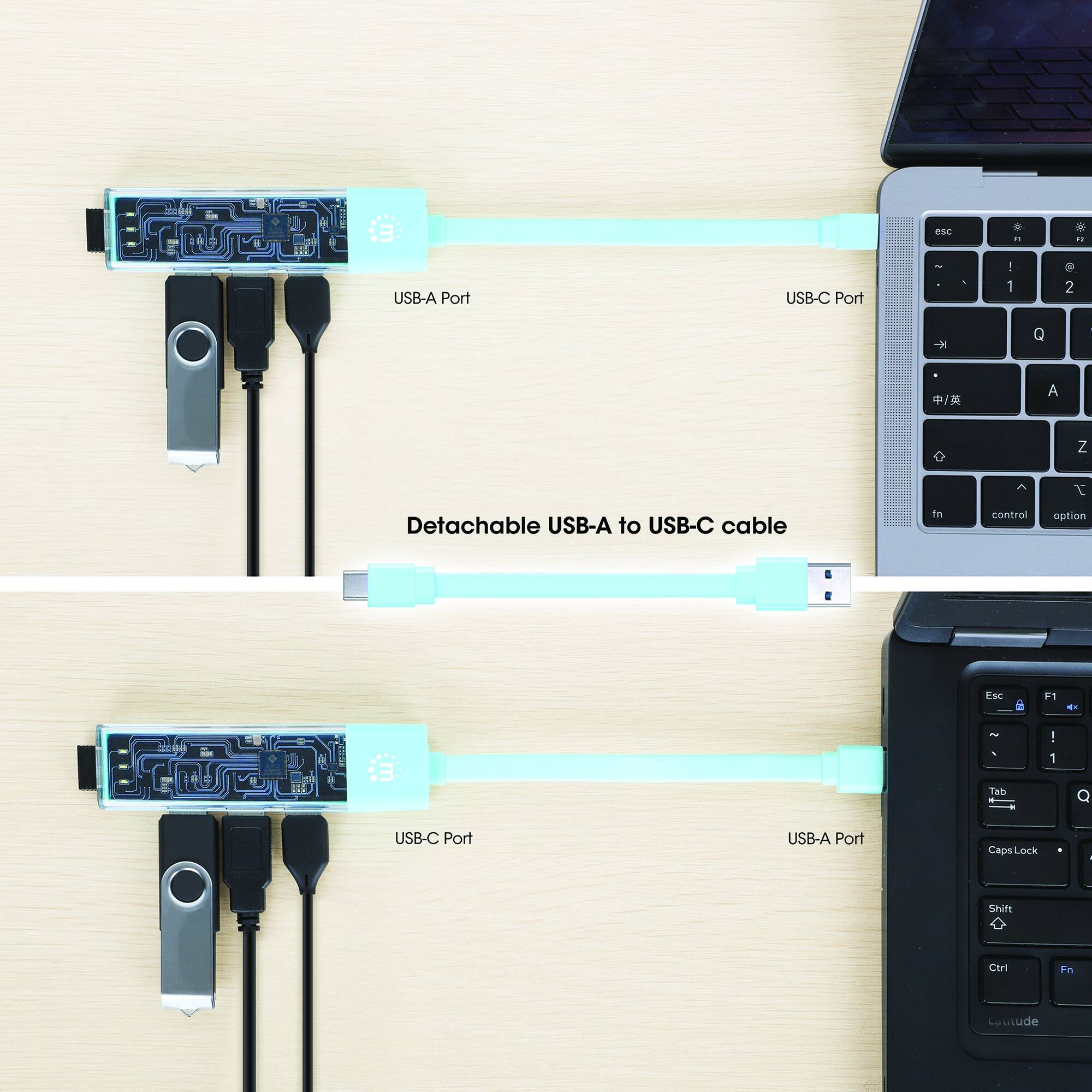 - USB-A Port
- USB-C Port
- Detachable USB-A to USB-C cable

- esc
- F1
- 1
- Q
- A
- Z
- Tab
- Caps Lock
- Shift
- Ctrl
- Fn