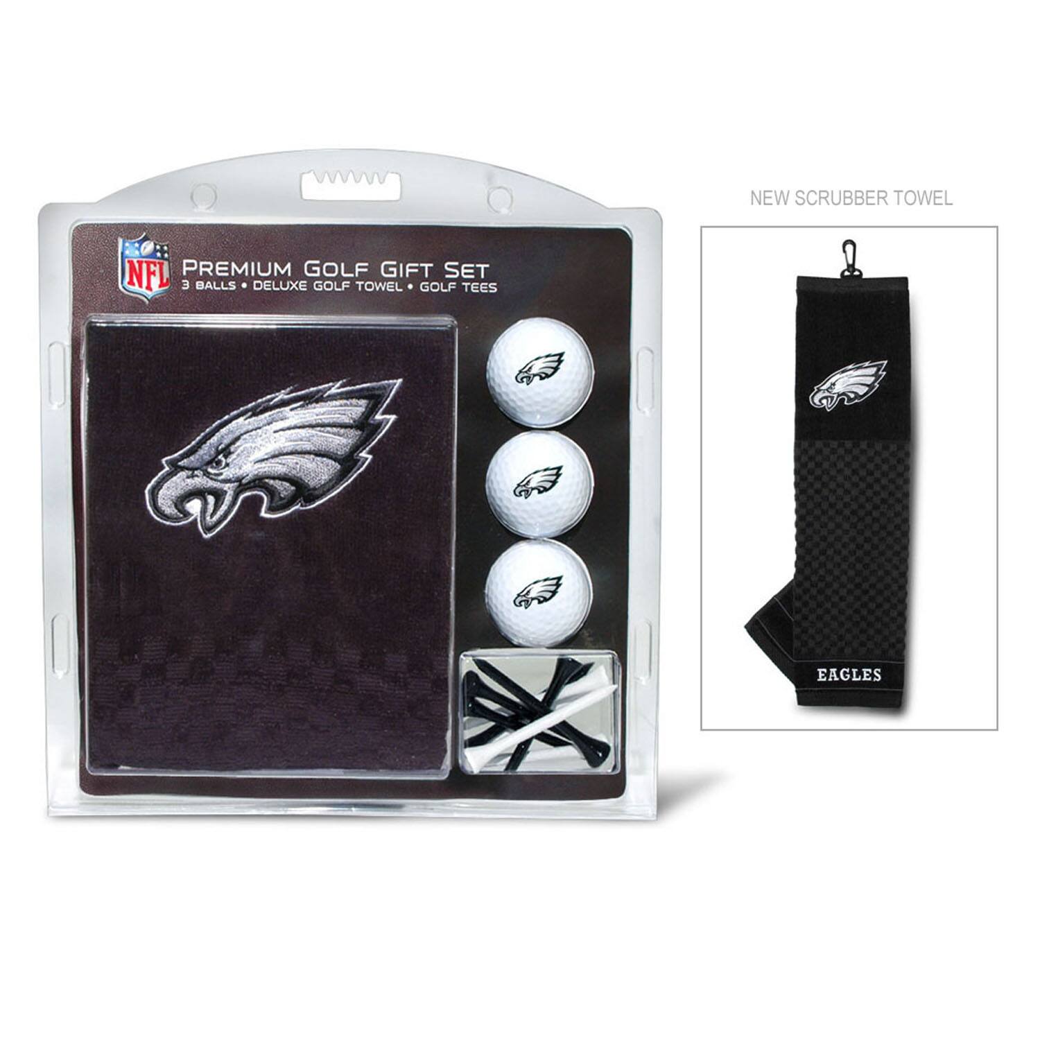 NEW SCRUBBER TOWEL  
NFL PREMIUM GOLF GIFT SET  
3 BALLS • DELUXE GOLF TOWEL • GOLF TEES  
EAGLES