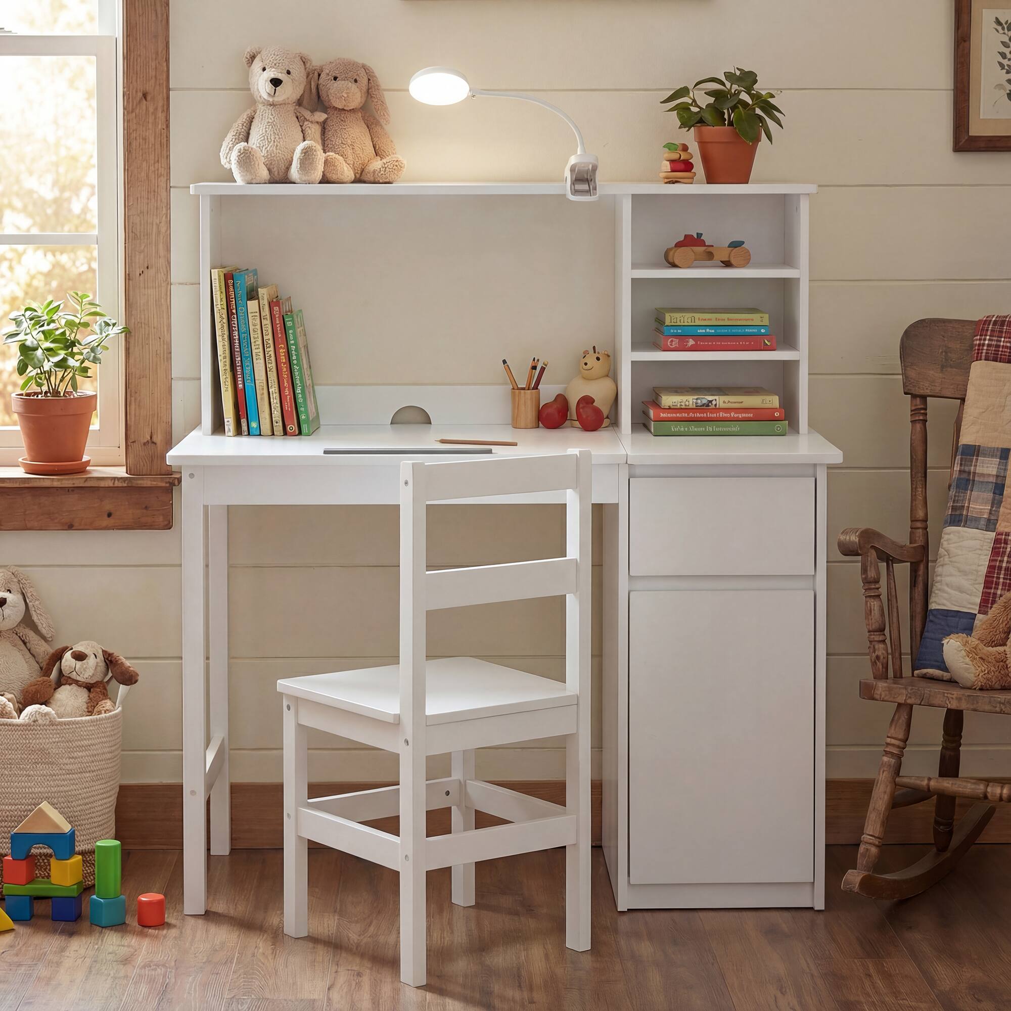 Famapy - Kids Solid Wood Desk & Chair Set – Height Adjustable with Tiltable Tabletop, Storage for Study, Drawing, Reading - White