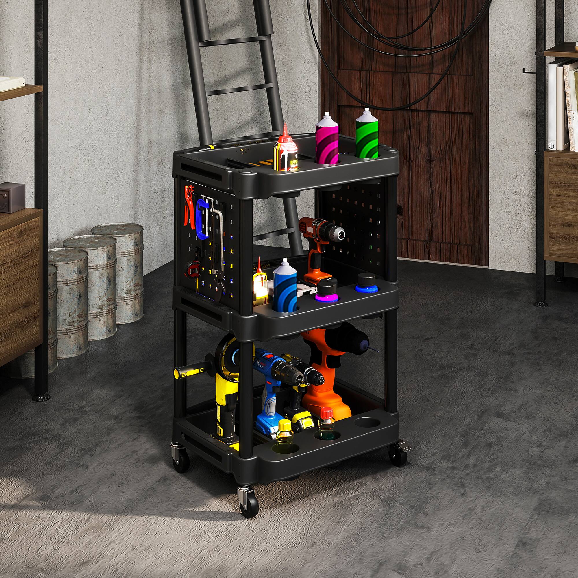 Alt View 7. Homcom - 3-Tier Rolling Tool Cart with Wheels, 200 LBS Capacity Plastic Utility Cart with Side Shelves - Black.