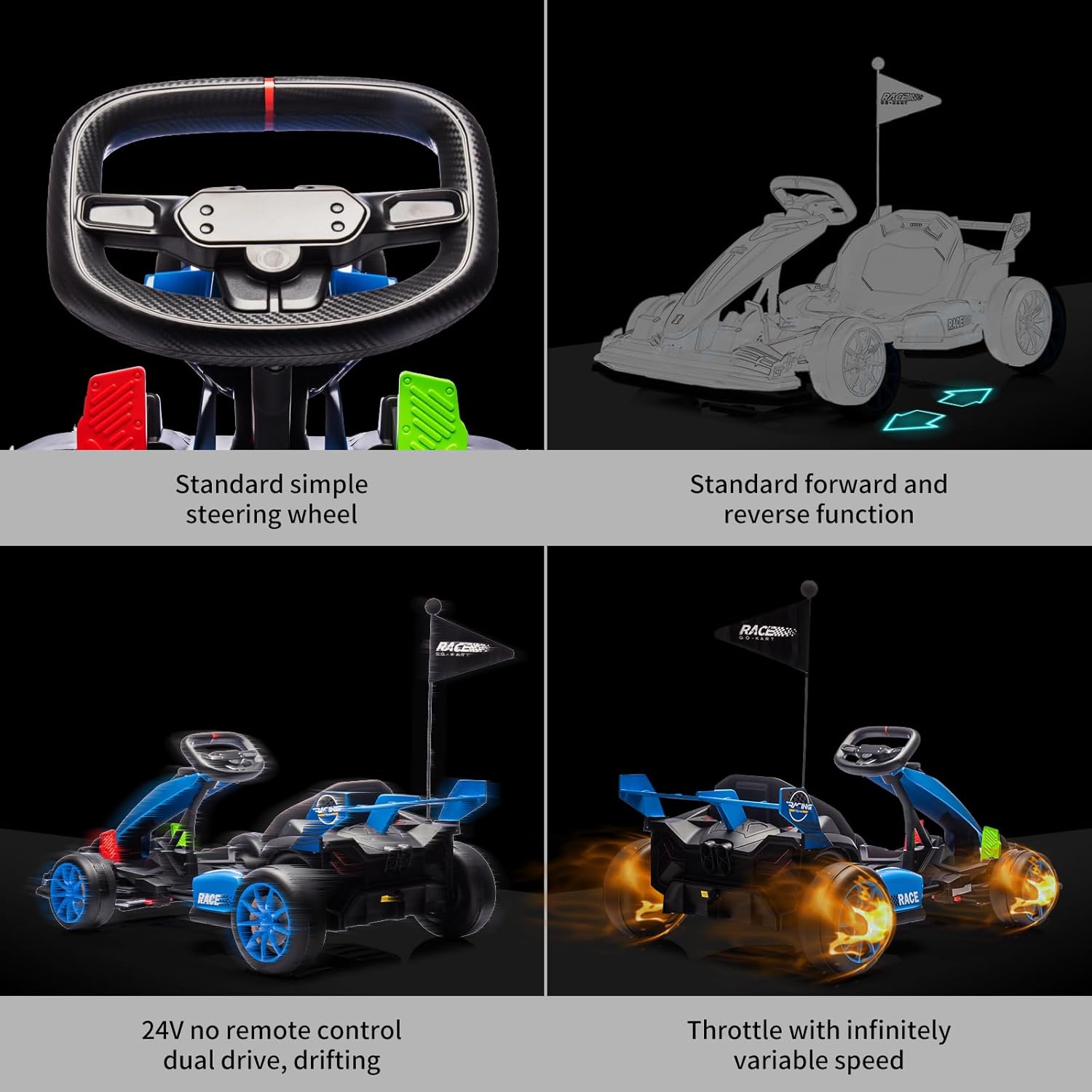 - Standard simple steering wheel
- Standard forward and reverse function
- 24V no remote control dual drive, drifting
- Throttle with infinitely variable speed