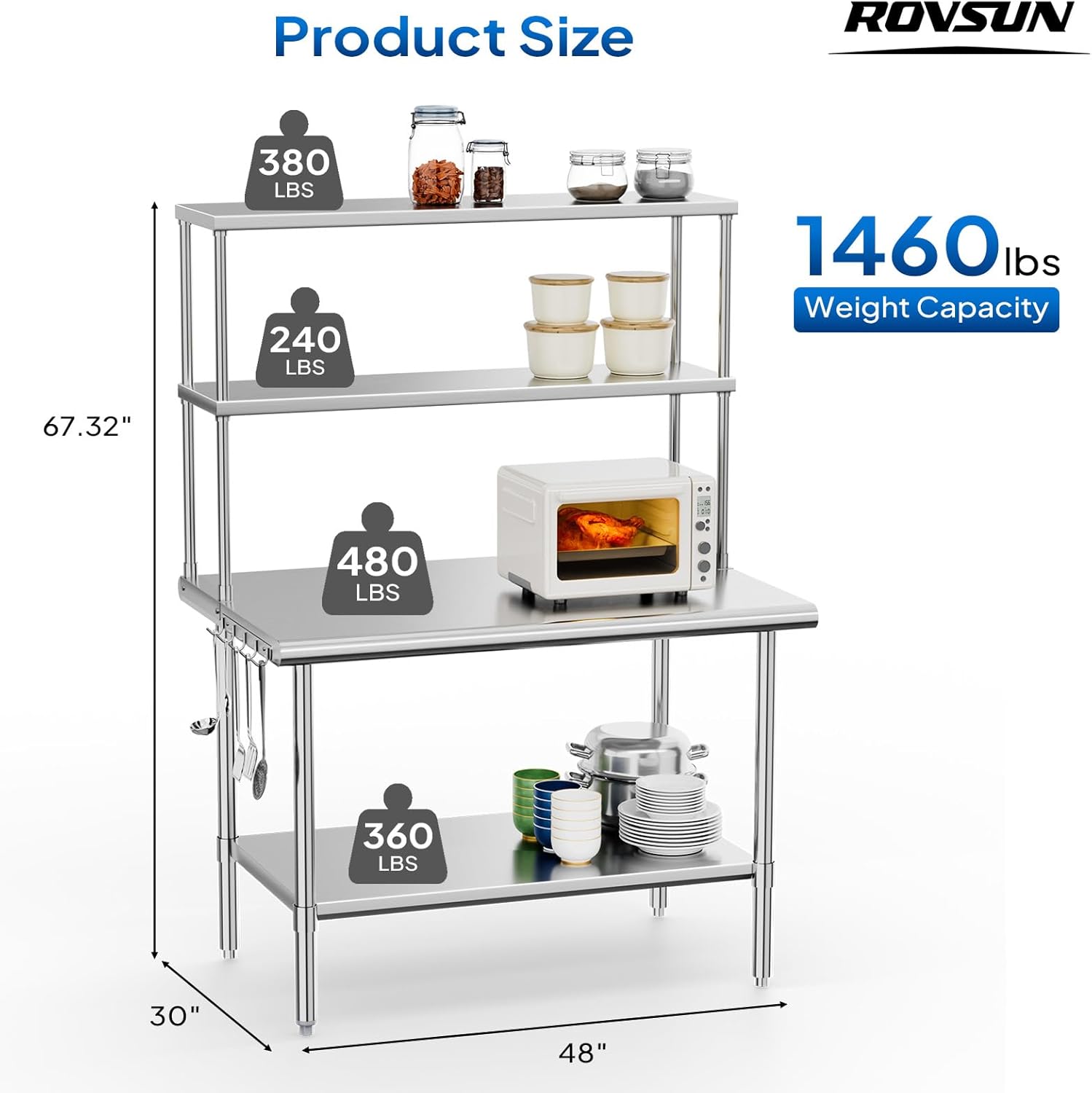 Product Size  
ROVSUN  
380 LBS  
240 LBS  
480 LBS  
360 LBS  
1460 lbs Weight Capacity  
67.32"  
30"  
48"
