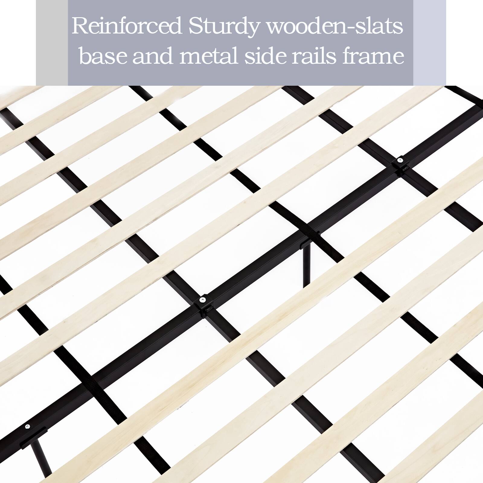 Reinforced Sturdy wooden-slats base and metal side rails frame