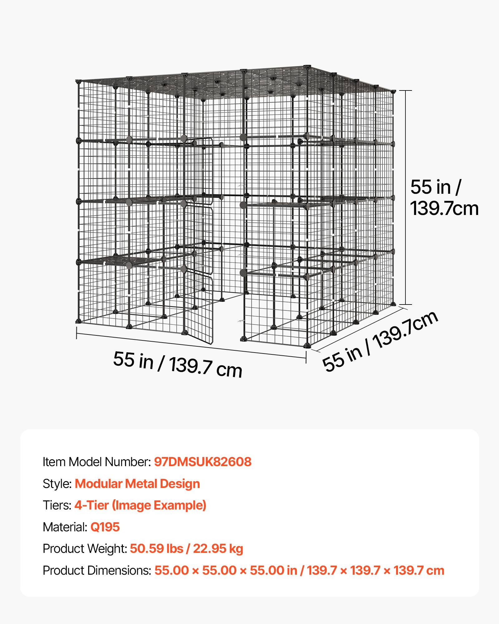 55 in / 139.7 cm

Item Model Number: 97DMSUK82608

Style: Modular Metal Design

Tiers: 4-Tier (Image Example)

Material: Q195

Product Weight: 50.59 lbs / 22.95 kg

Product Dimensions: 55.00 x 55.00 x 55.00 in / 139.7 x 139.7 x 139.7 cm