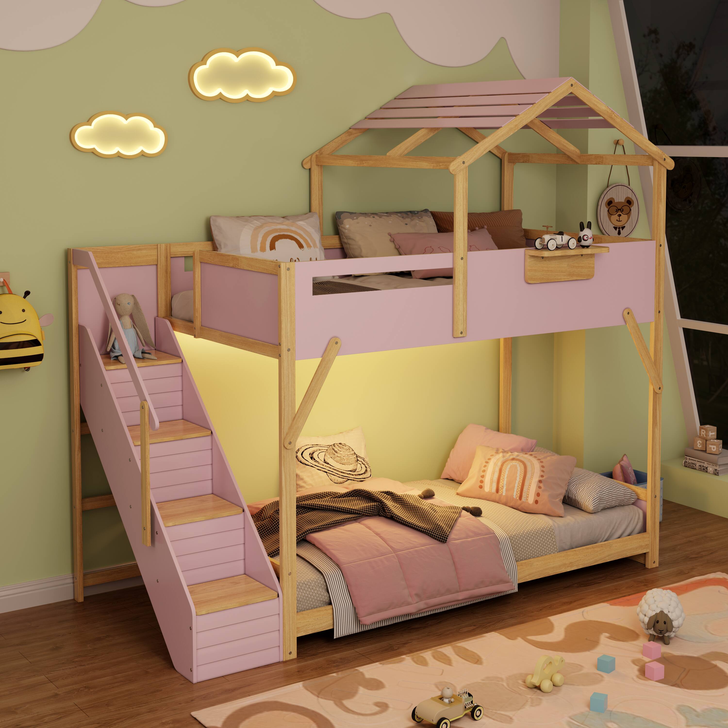 Angle. Anysun - Twin over Twin House Bunk Bed with Stairs and 3-Color LED Lights - Pink.