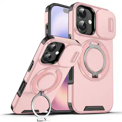 Front. Dteck - Magnetic Ring Stand Case for iPhone 17 with Slide Lens Protection Hard Back Cover - Pink.