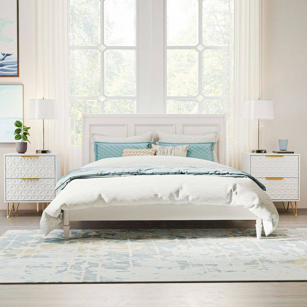 Alt View 2. Kadyn - 2-Piece Diamond Pattern Nightstand Set with Gold Handles and Hairpin Legs - White - White.