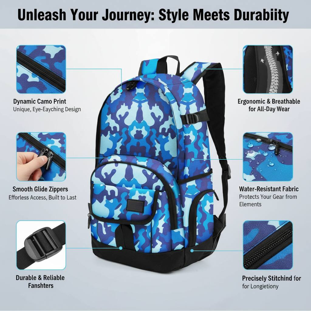 Unleash Your Journey: Style Meets Durability

- Dynamic Camo Print
  - Unique, Eye-Eyecatching Design

- Ergonomic & Breathable for All-Day Wear

- Smooth Glide Zippers
  - Effortless Access, Built to Last

- Water-Resistant Fabric
  - Protects Your Gear from Elements

- Durable & Reliable Fanshsters

- Precisely Stitching for Longevity
