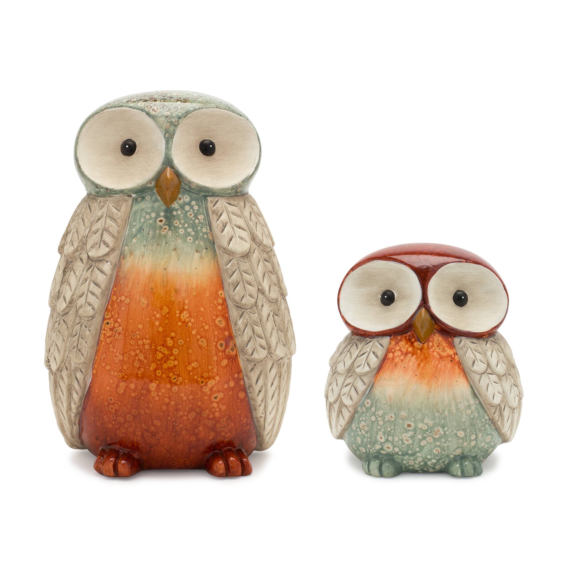 Alt View 2. BreeBe - Terra Cotta Owl Figurine with Glazed Accents (Set of 4) - Orange, Green, Beige.