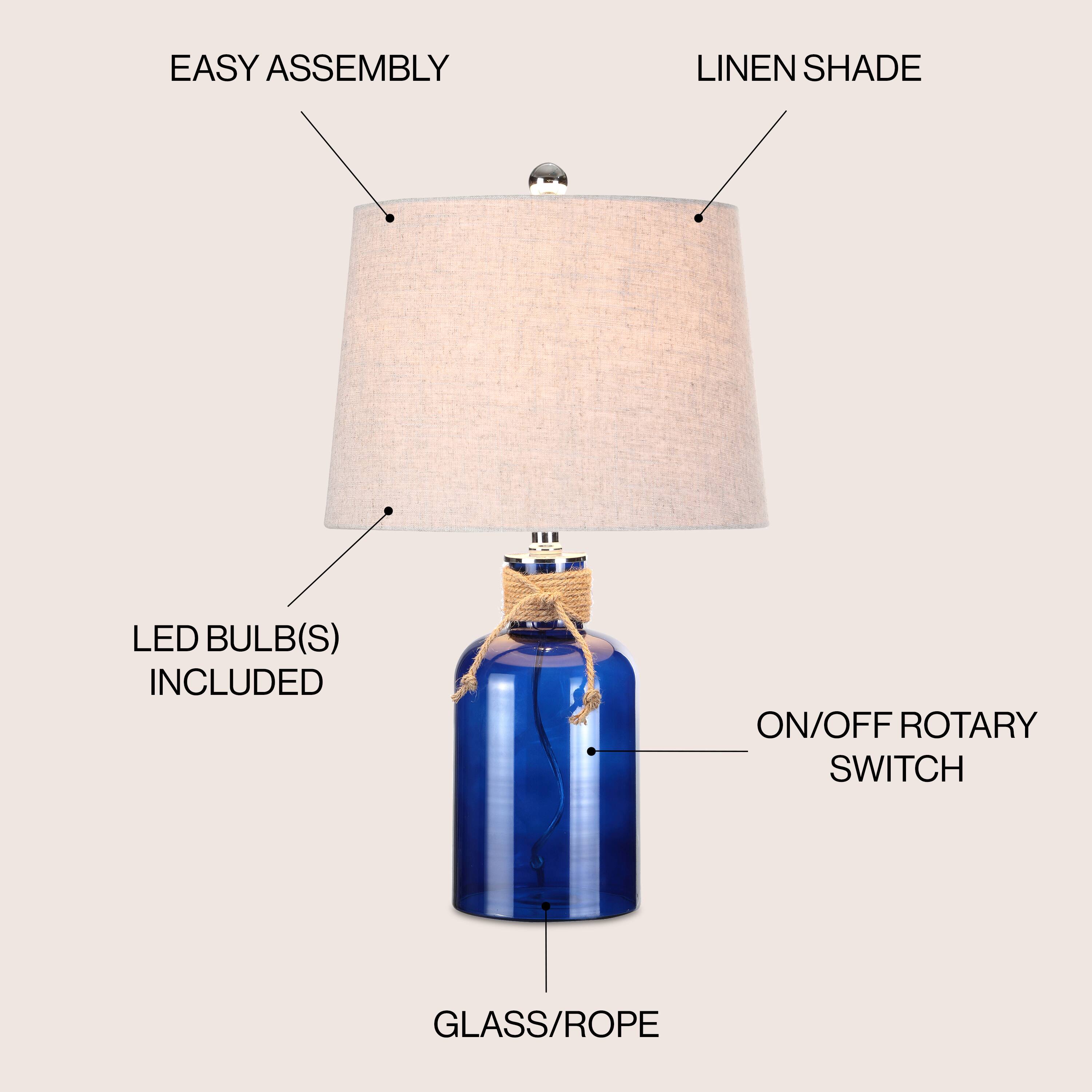 EASY ASSEMBLY  
LINEN SHADE  
LED BULB(S) INCLUDED  
ON/OFF ROTARY SWITCH  
GLASS/ROPE