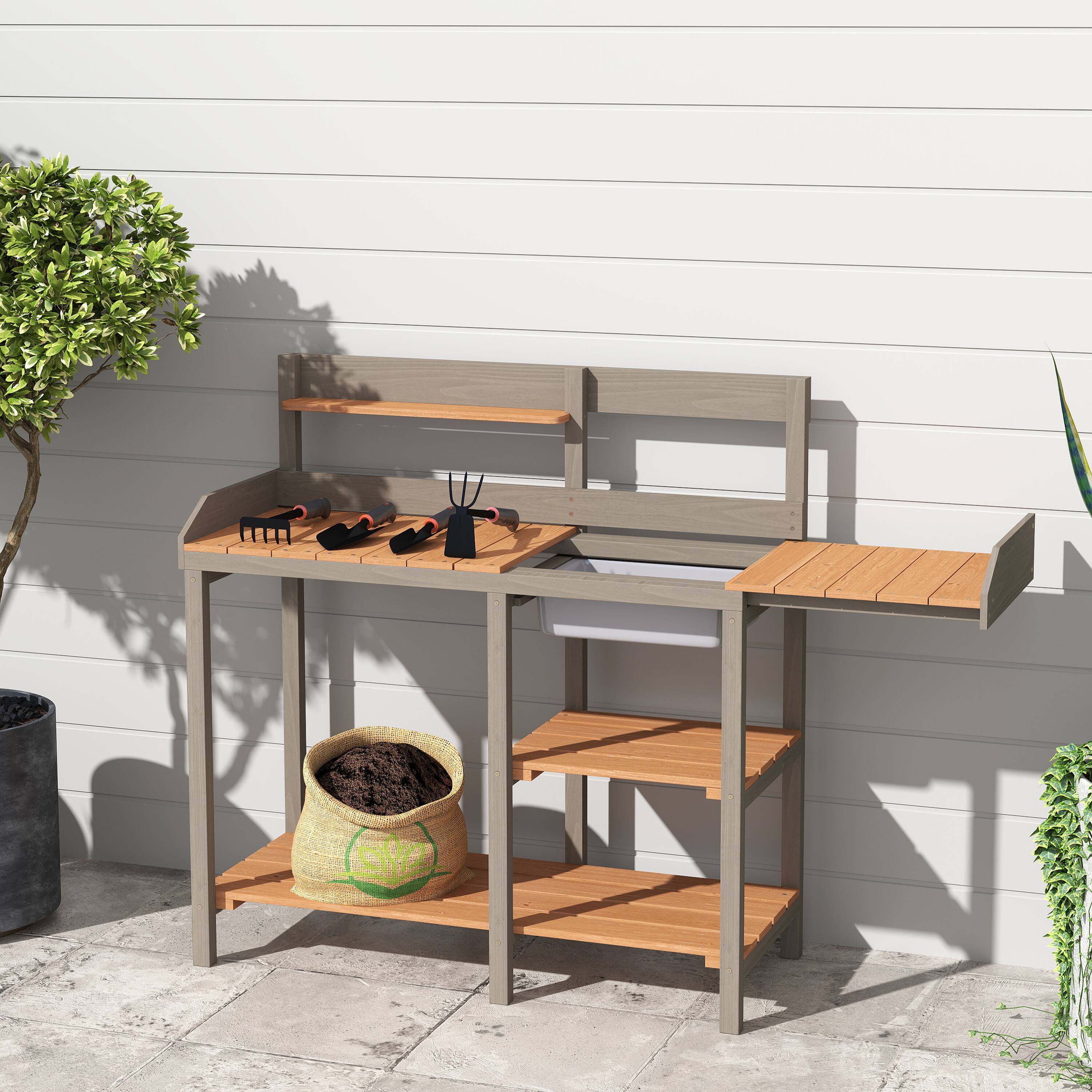 Left. APRILSOUL - Outdoor Wooden Potting Bench Table With Sink Garden Work Bench Shelf Outside Patio - Grey,Brown.