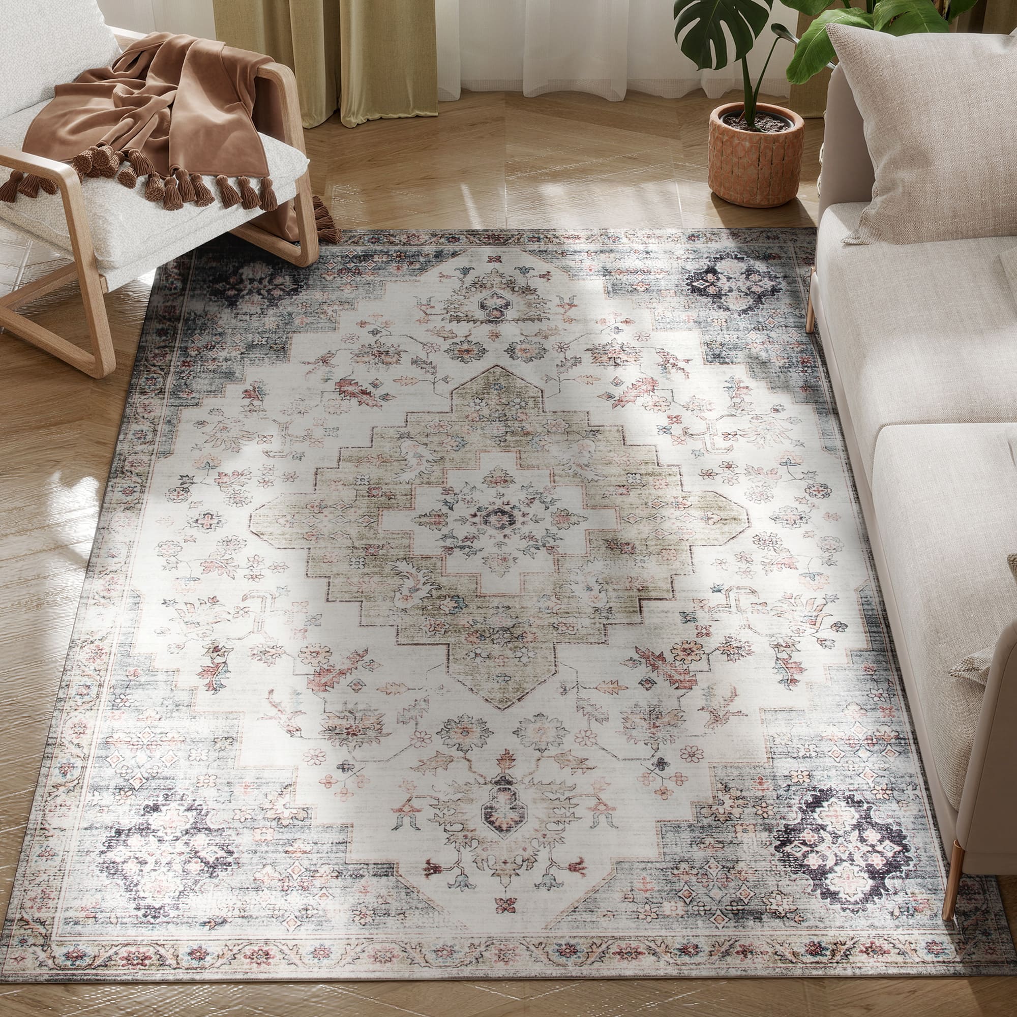 Homcom - 4x6 Vintage Rug: Mach-Wash Green Distress Non-Slip Carpet, Indoor Boho Living Room - Brown and Green